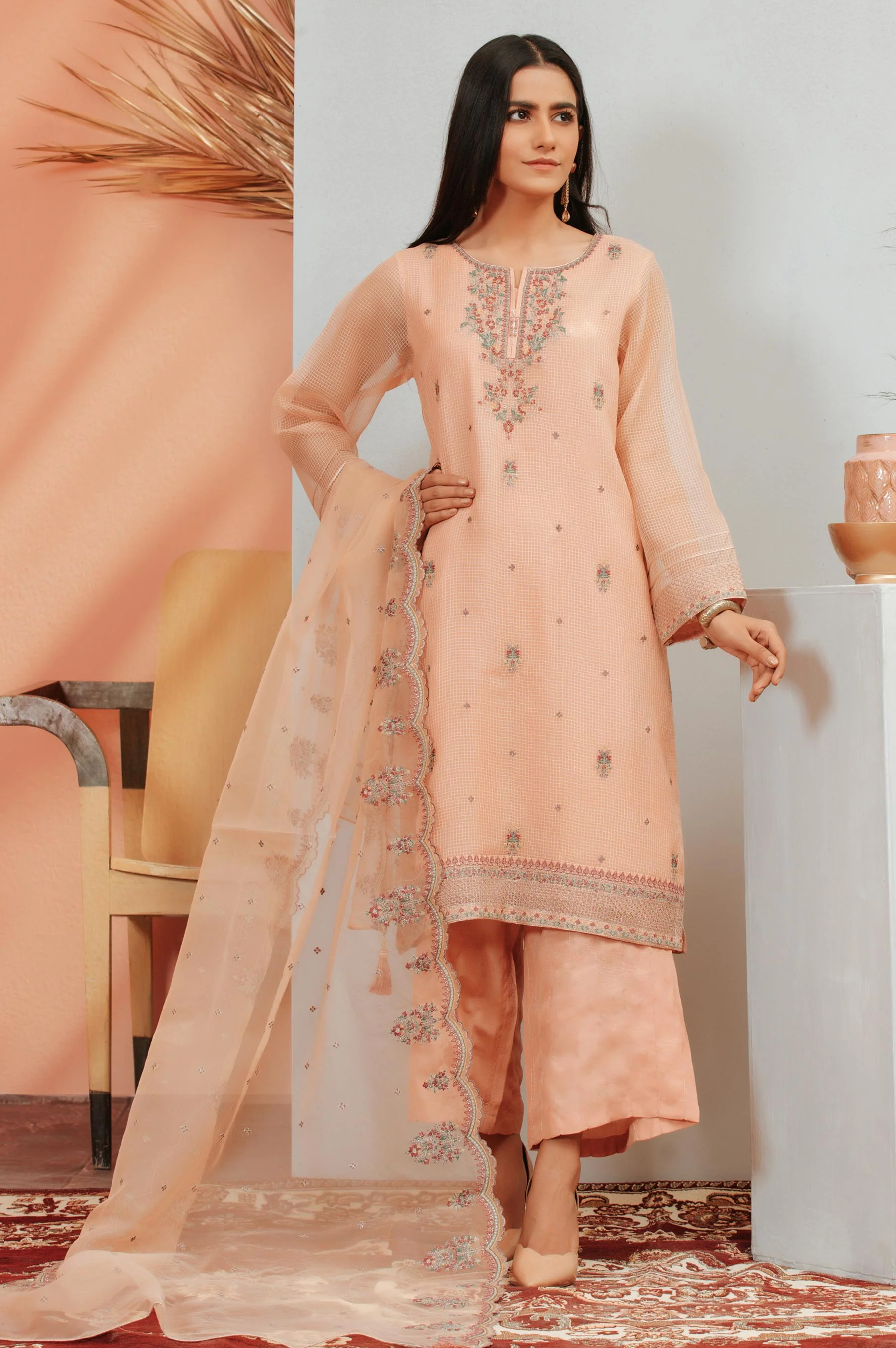 3 PC Unstitched Suit-Fabric: Checkered Organza