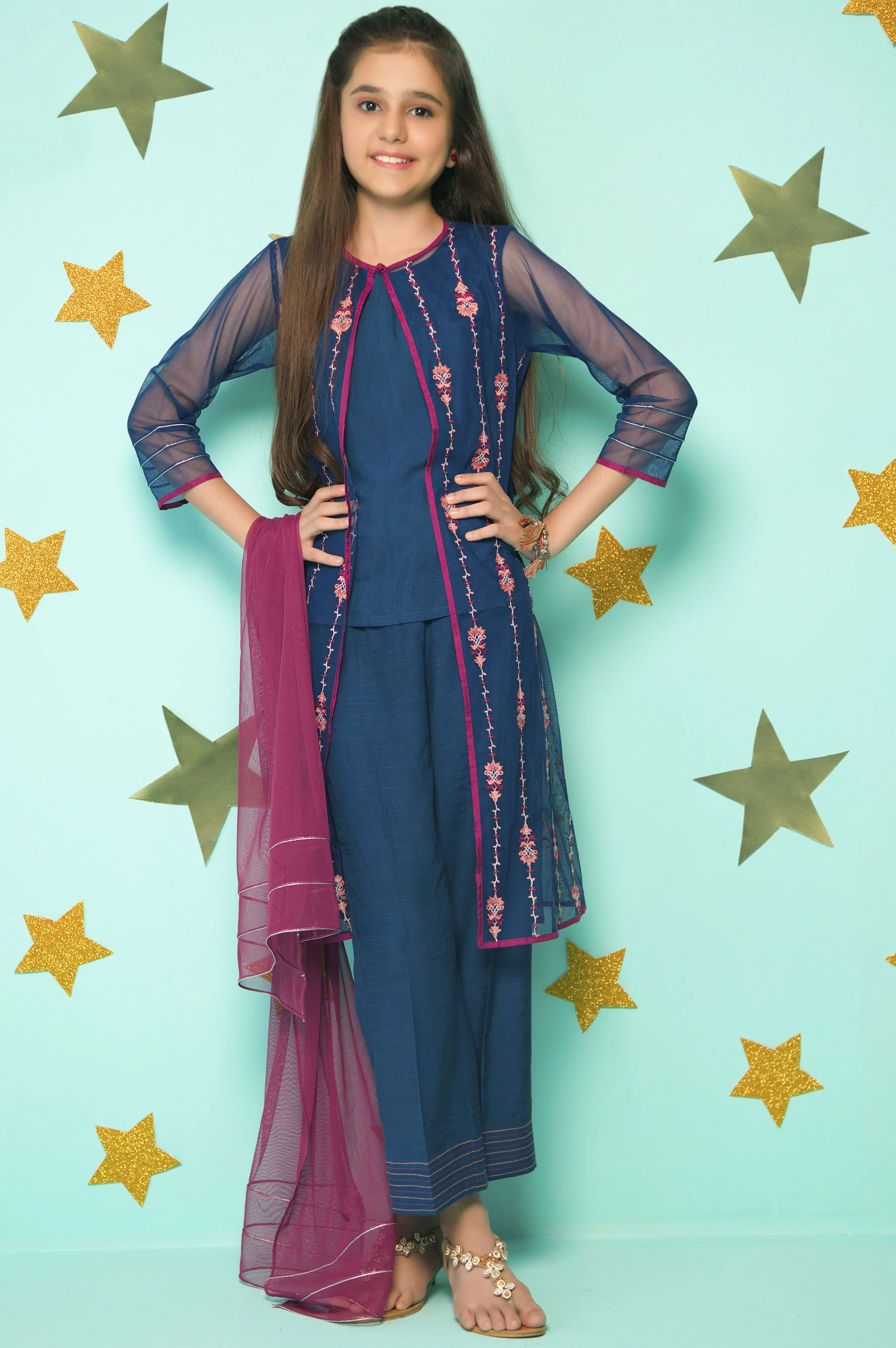 3 Piece Embroidered Suit- Net/Raw Silk