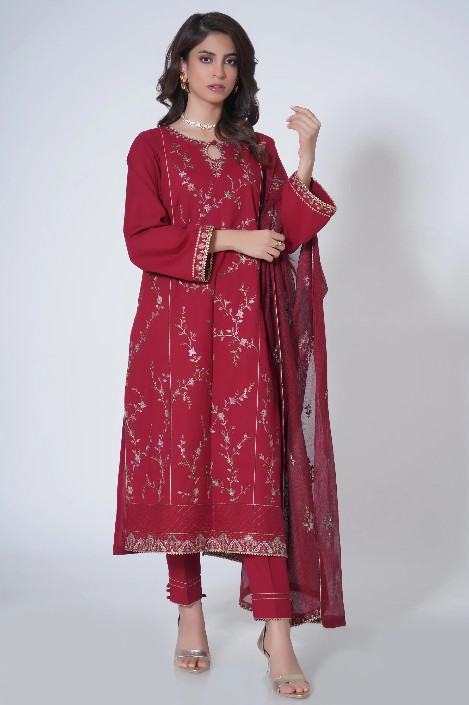 3 Piece Unstitched Embroidered Cambric Suit - Image 2