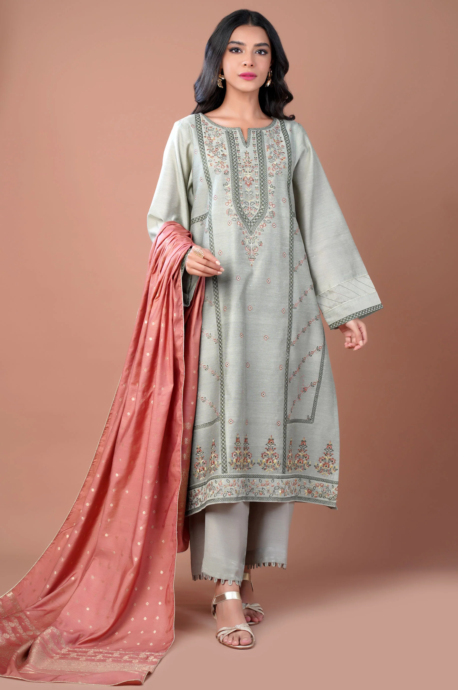 3 Piece Unstitched Embroidered Cotton Net Suit - Image 2