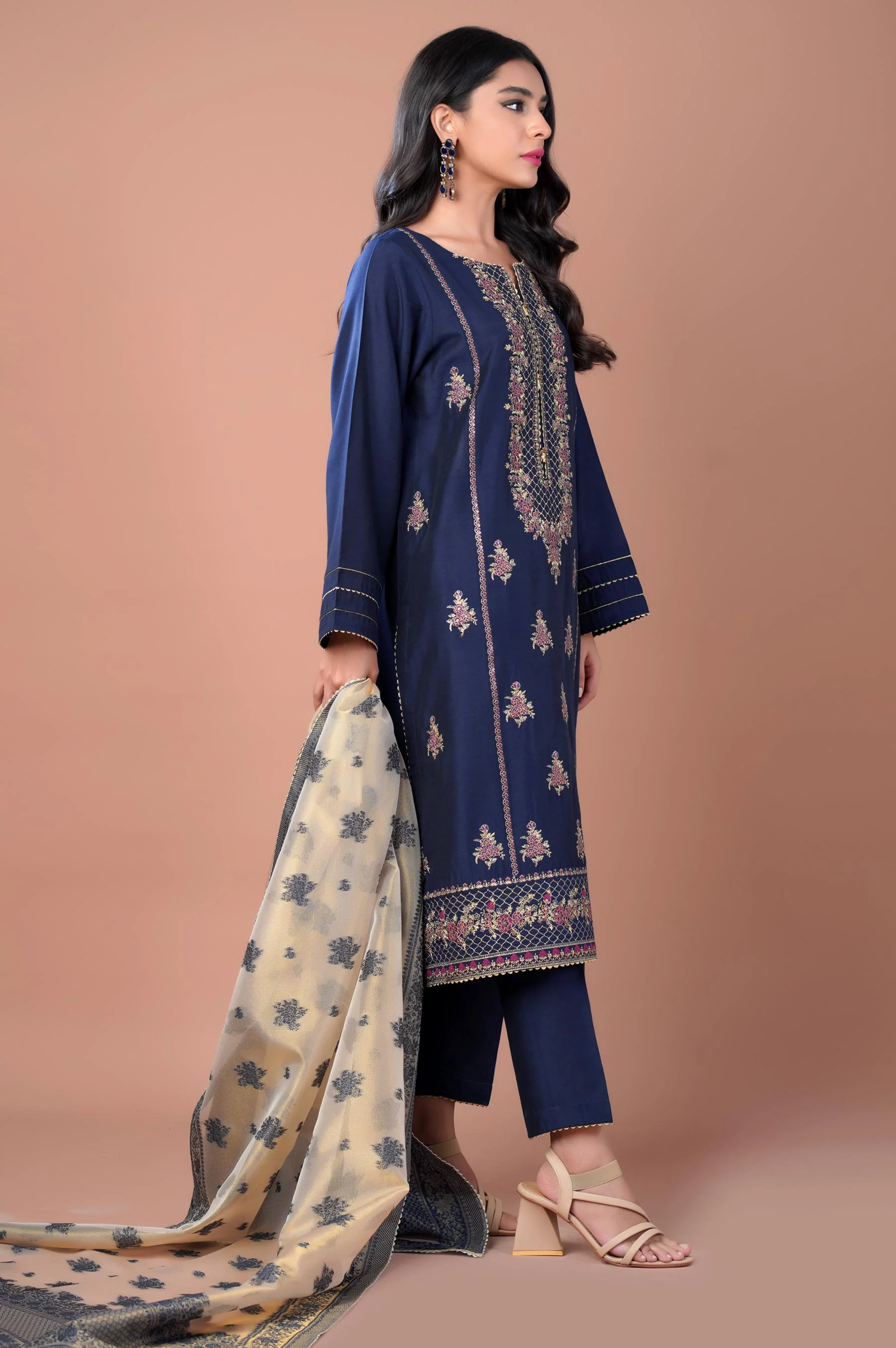 3 Piece Unstitched Embroidered Cotton Silk Suit - Image 2