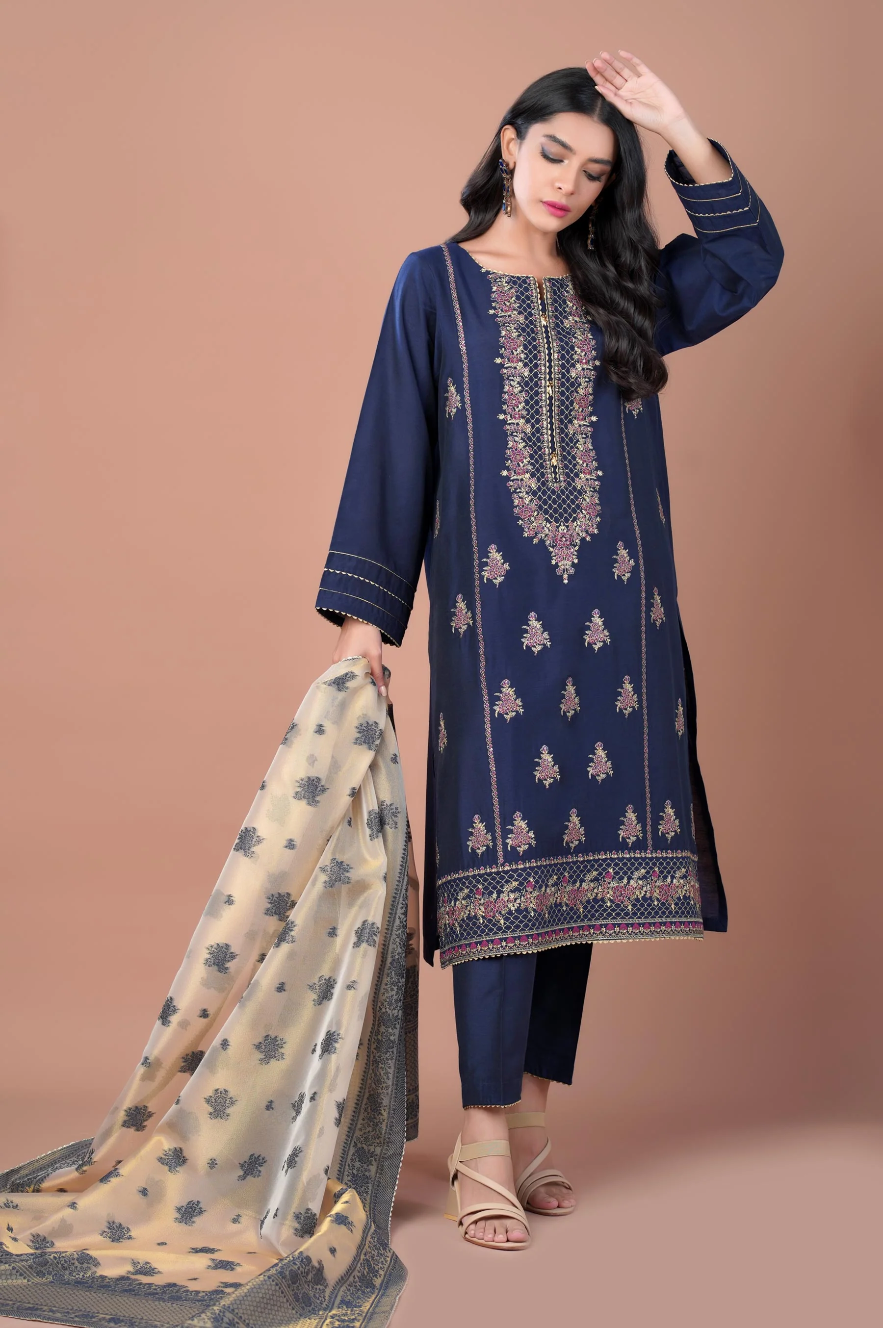 3 Piece Unstitched Embroidered Cotton Silk Suit - Image 3