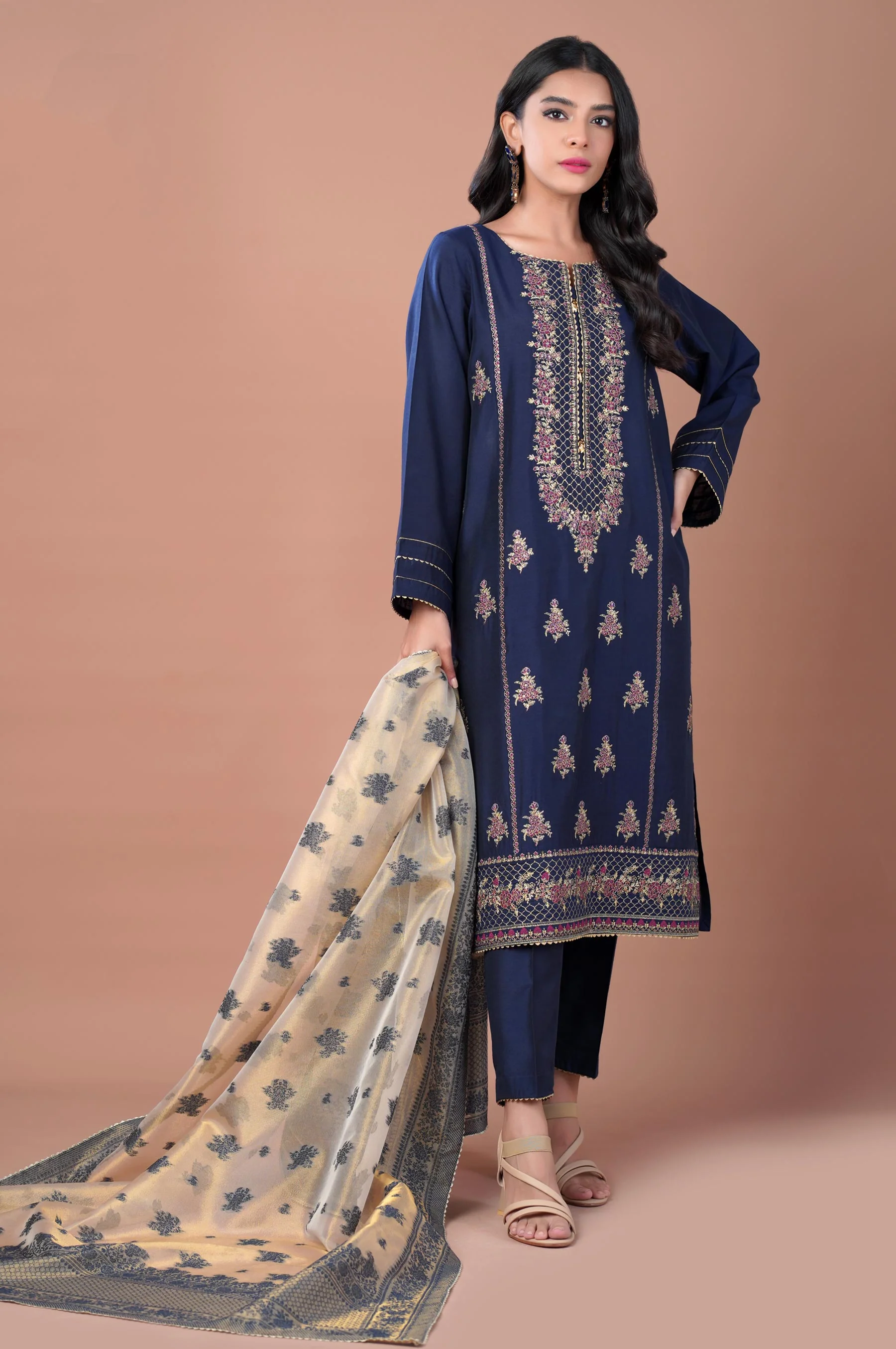 3 Piece Unstitched Embroidered Cotton Silk Suit - Image 4
