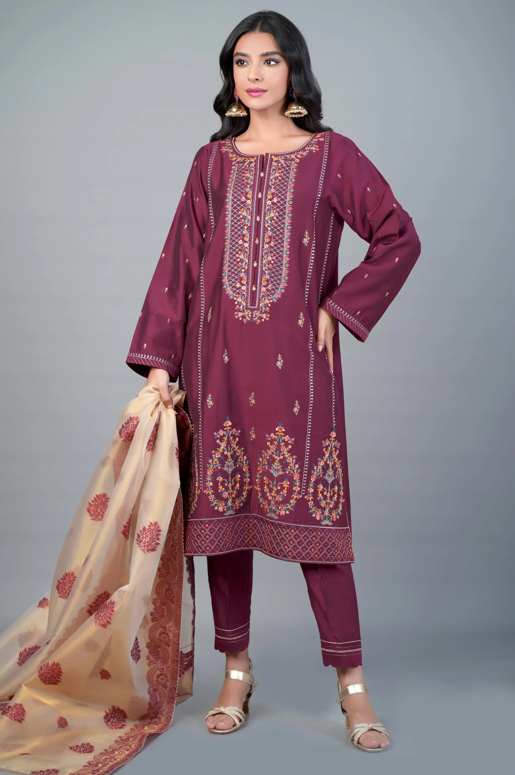 3 Piece Unstitched Embroidered Cotton Silk Suit - Image 2