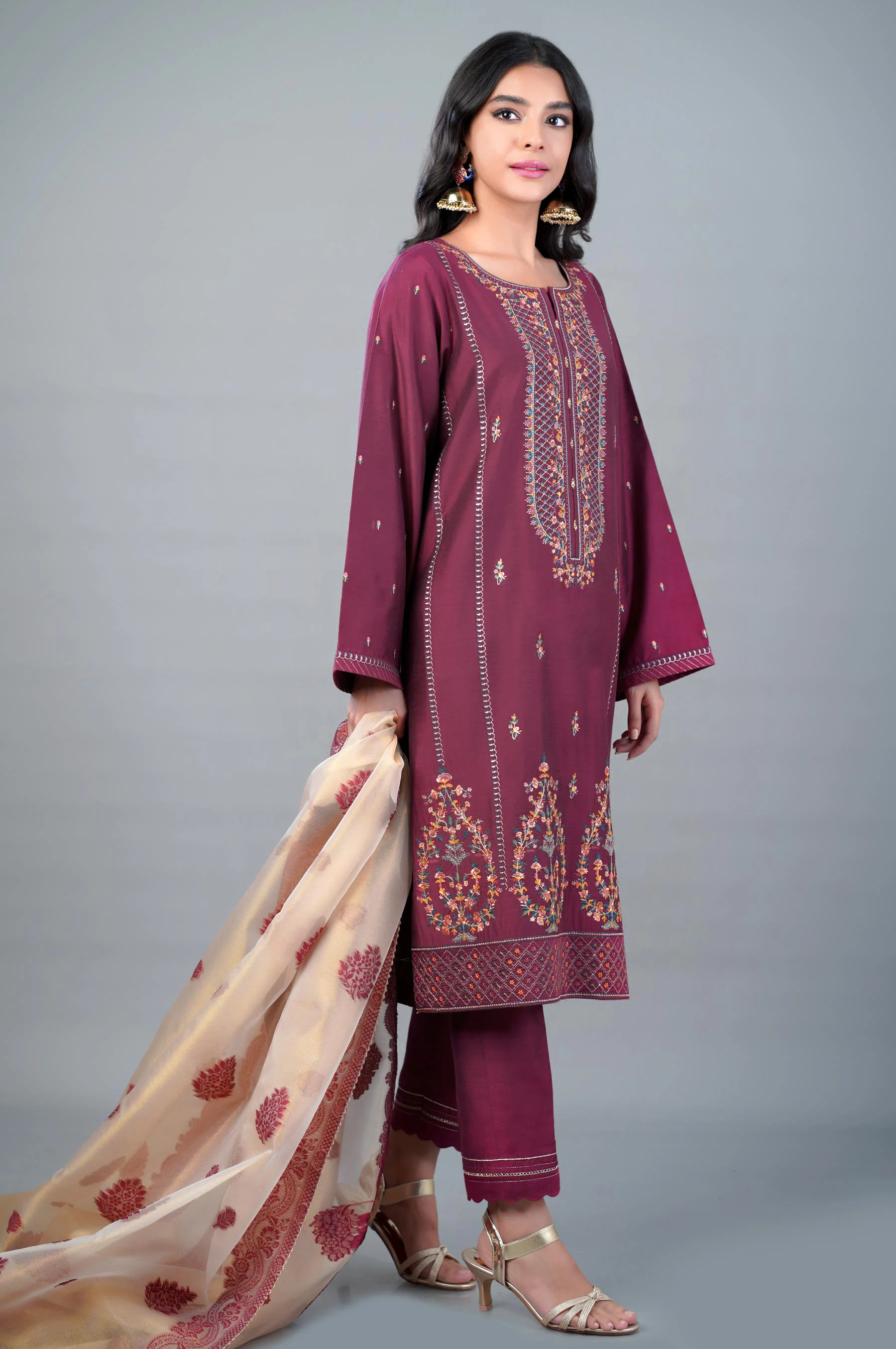 3 Piece Unstitched Embroidered Cotton Silk Suit - Image 3