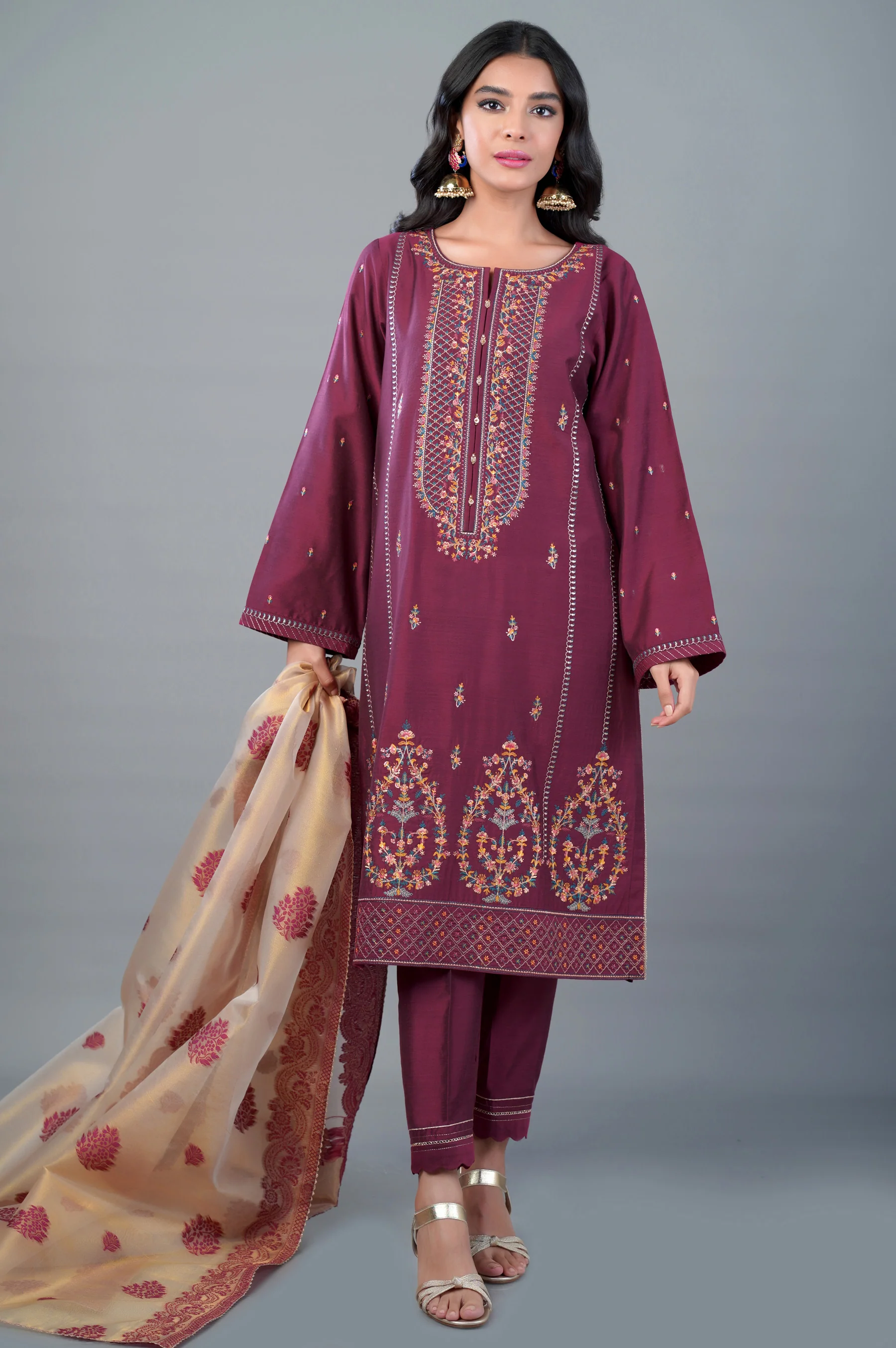 3 Piece Unstitched Embroidered Cotton Silk Suit - Image 4