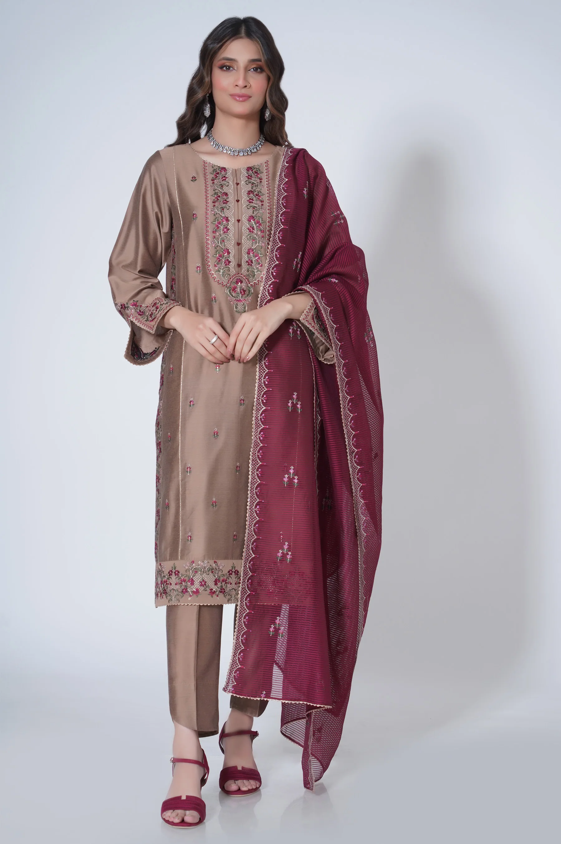 3 Piece Unstitched Embroidered Cotton silk Suit - Image 3