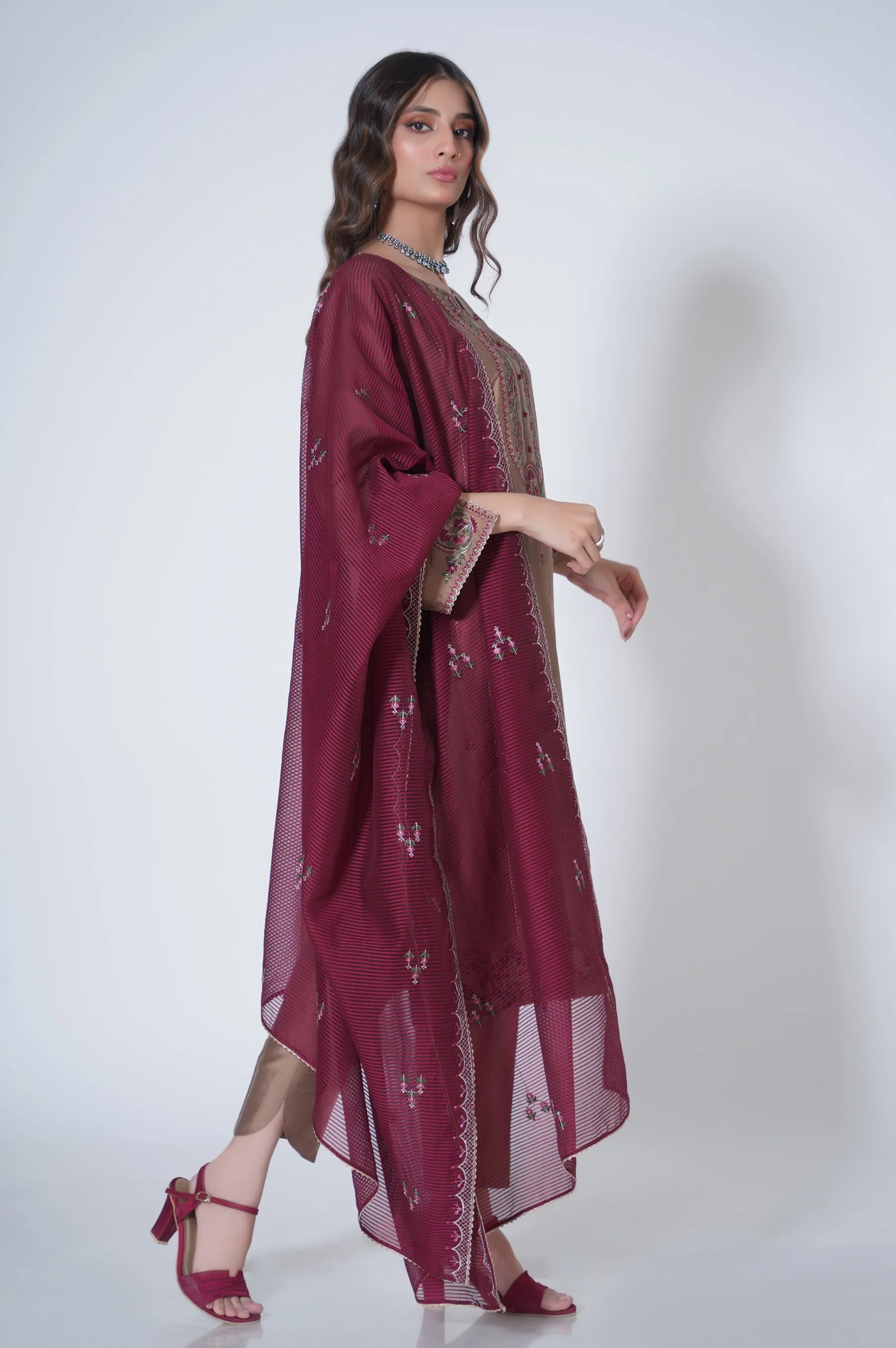 3 Piece Unstitched Embroidered Cotton silk Suit - Image 4