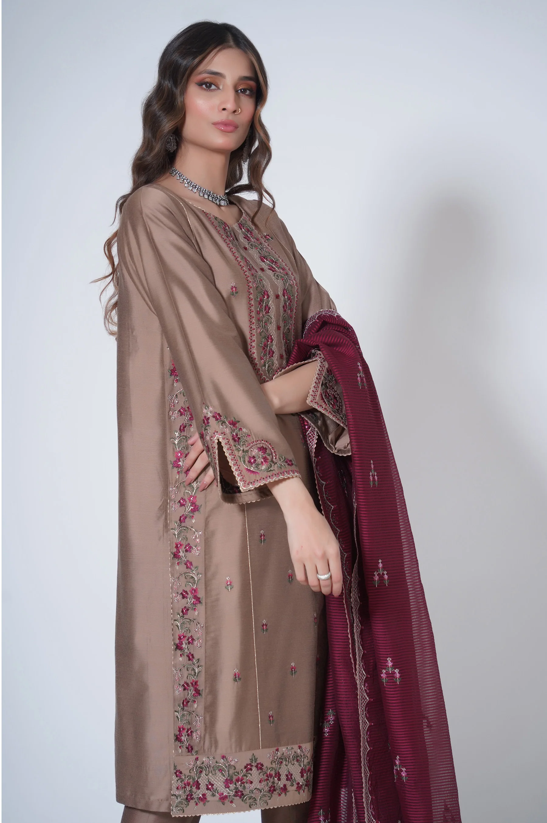 3 Piece Unstitched Embroidered Cotton silk Suit - Image 5