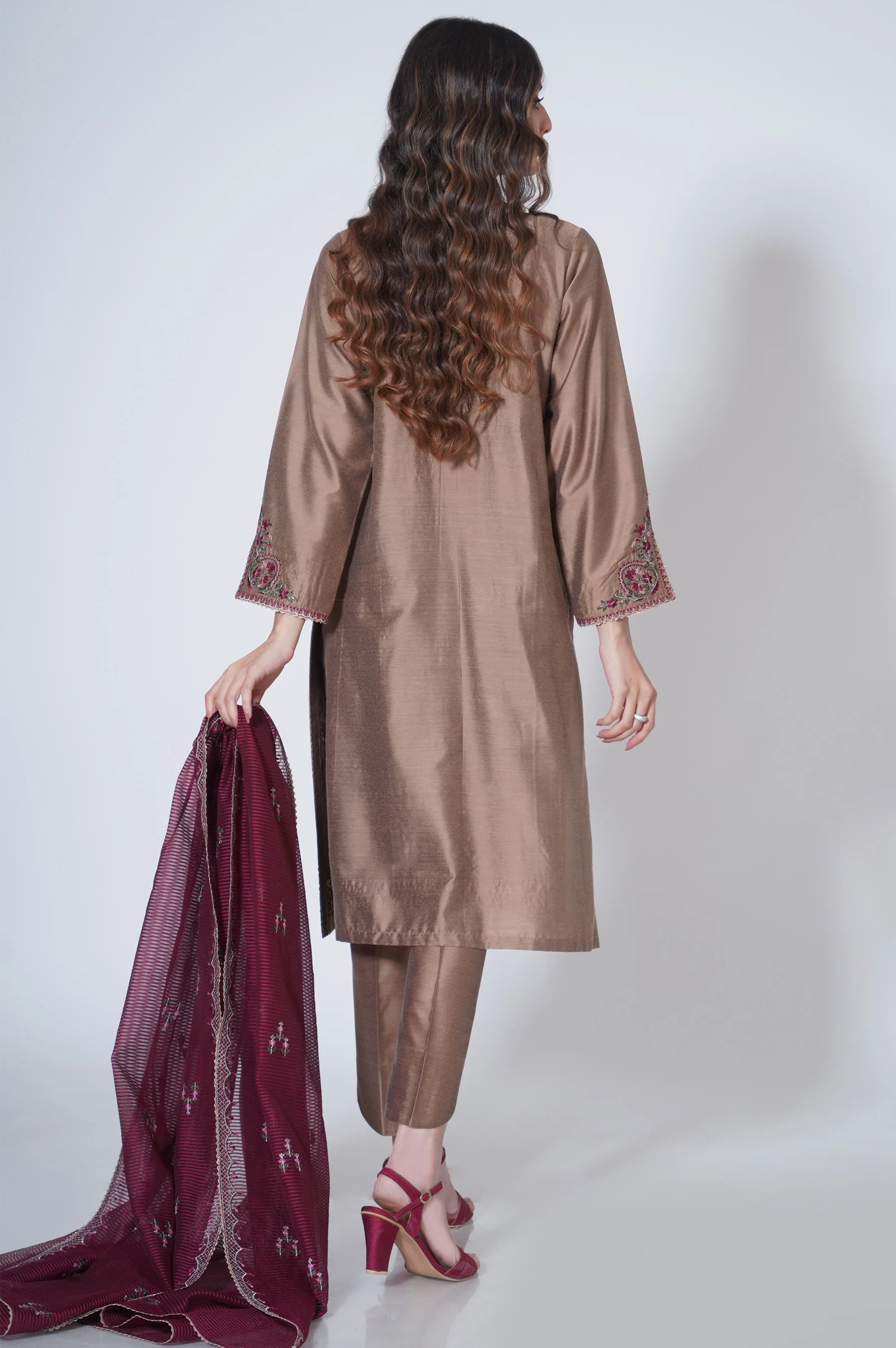 3 Piece Unstitched Embroidered Cotton silk Suit - Image 6