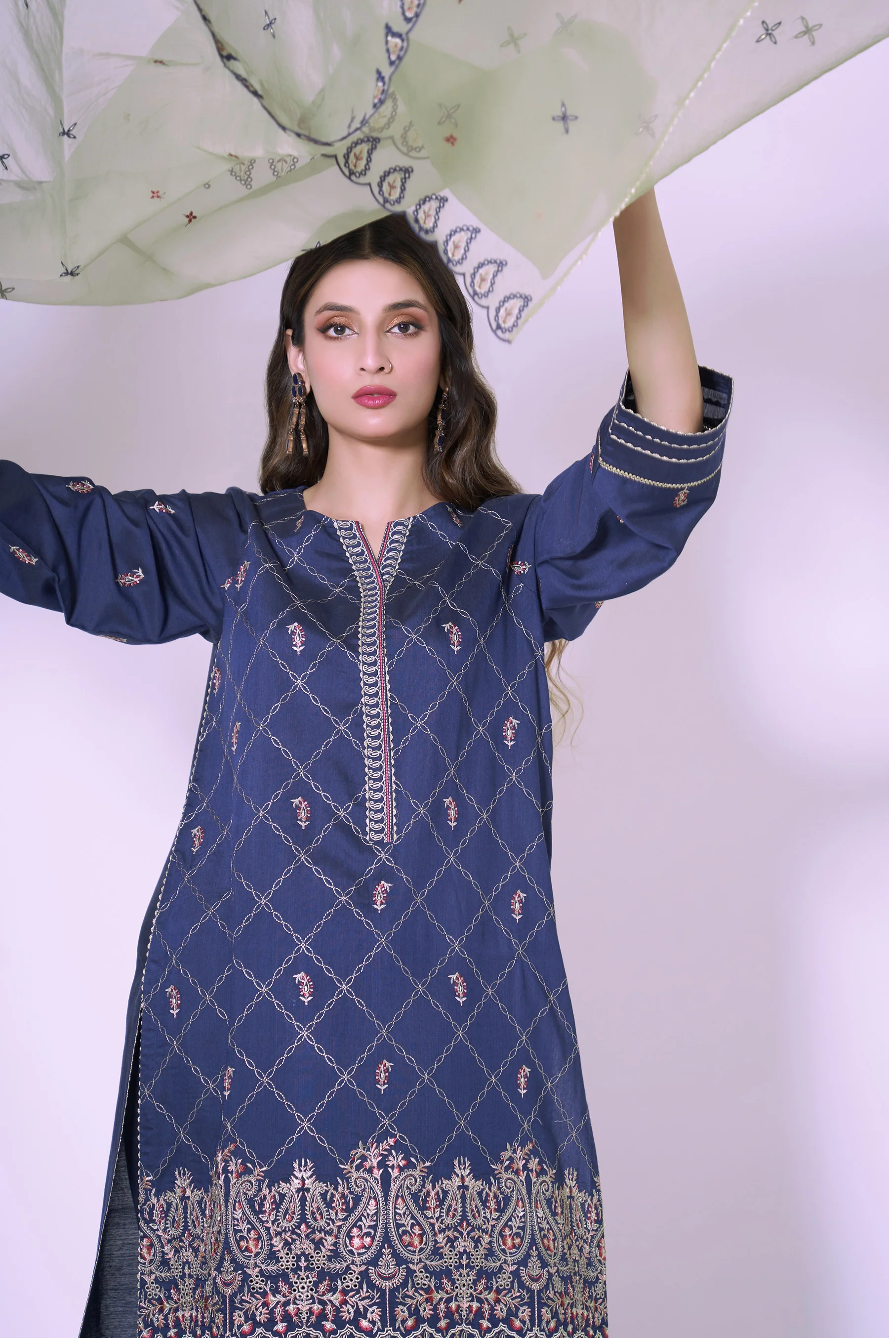 3 Piece Unstitched Embroidered Cotton silk Suit - Image 3