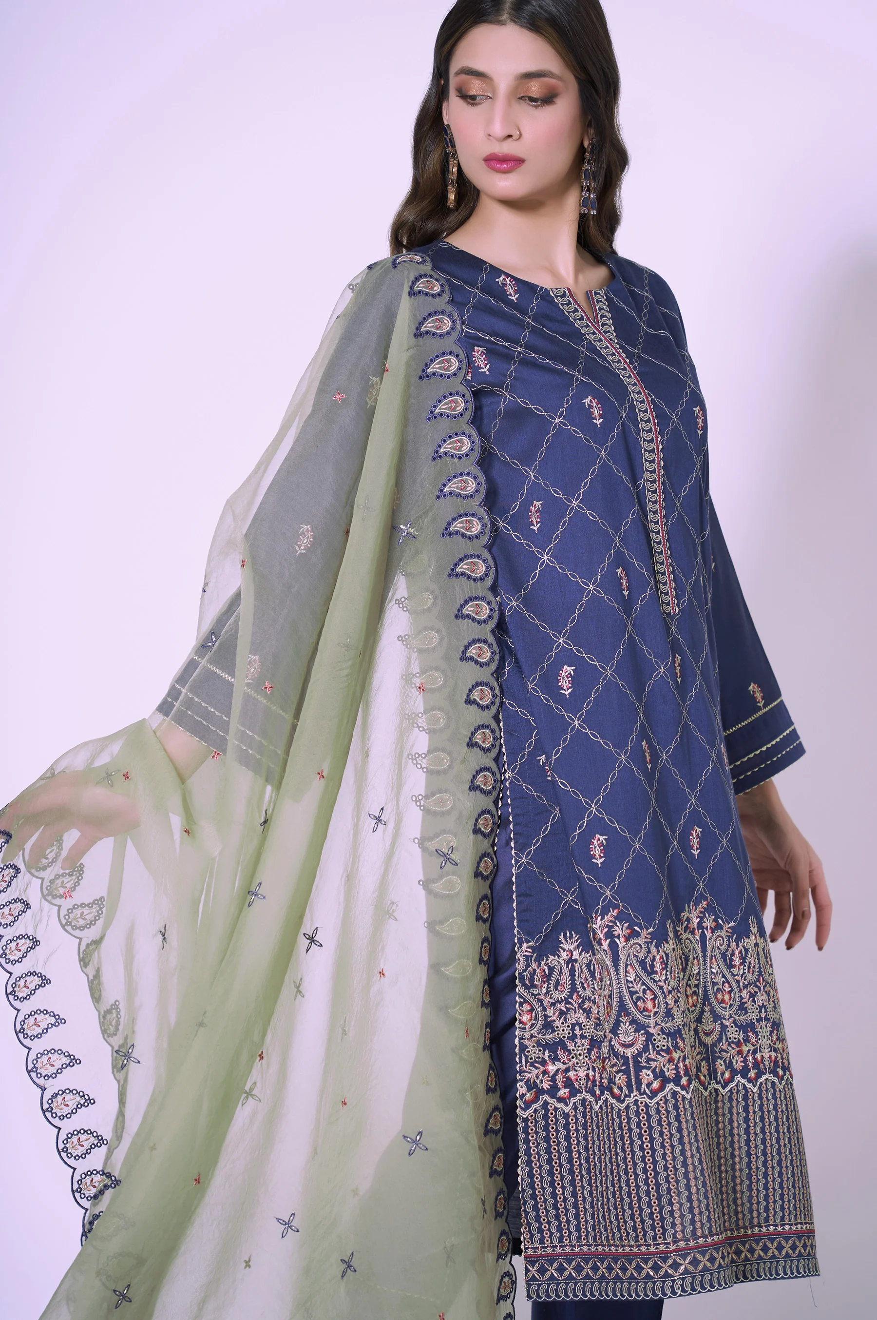 3 Piece Unstitched Embroidered Cotton silk Suit - Image 4
