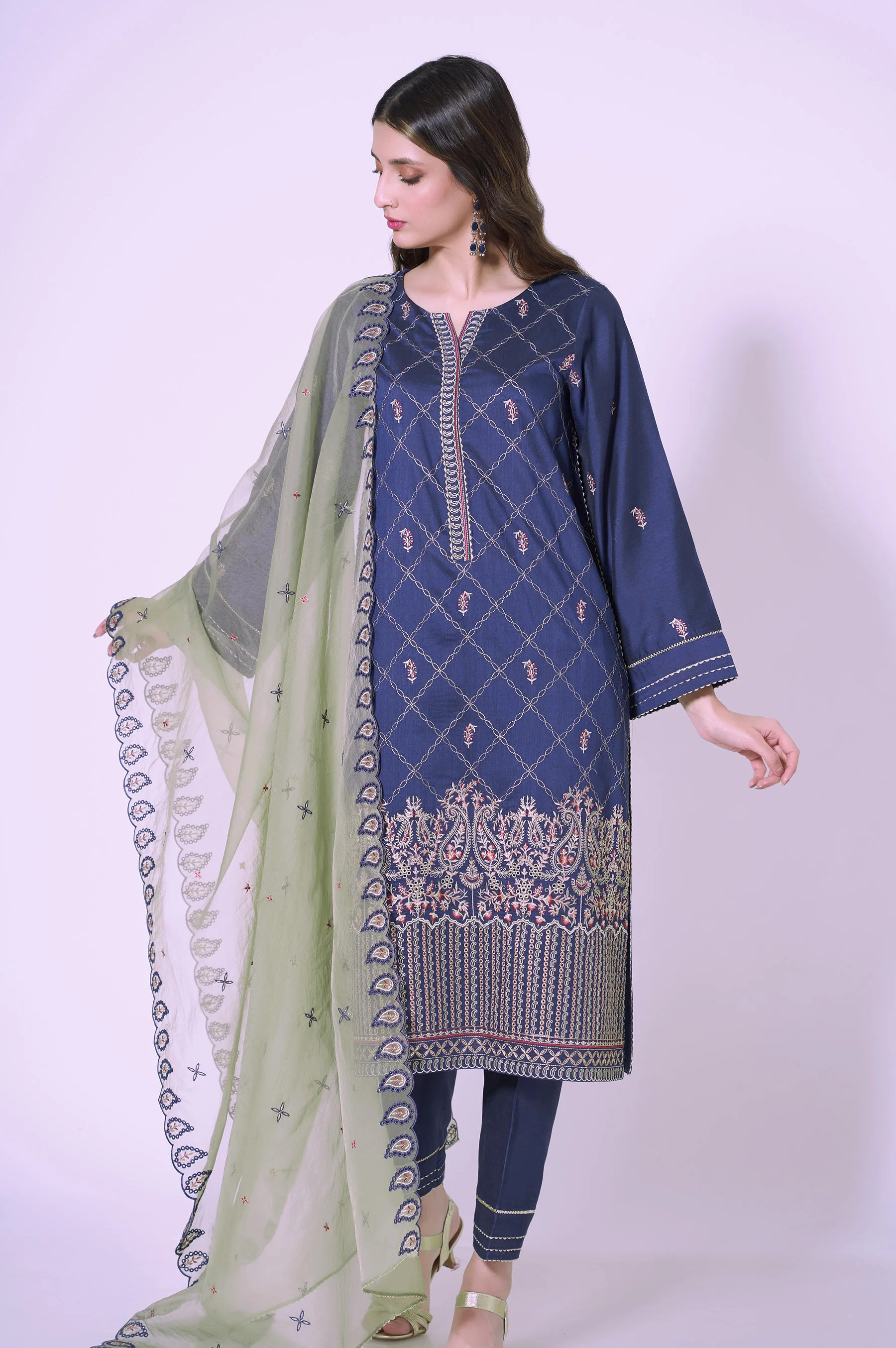 3 Piece Unstitched Embroidered Cotton silk Suit - Image 5