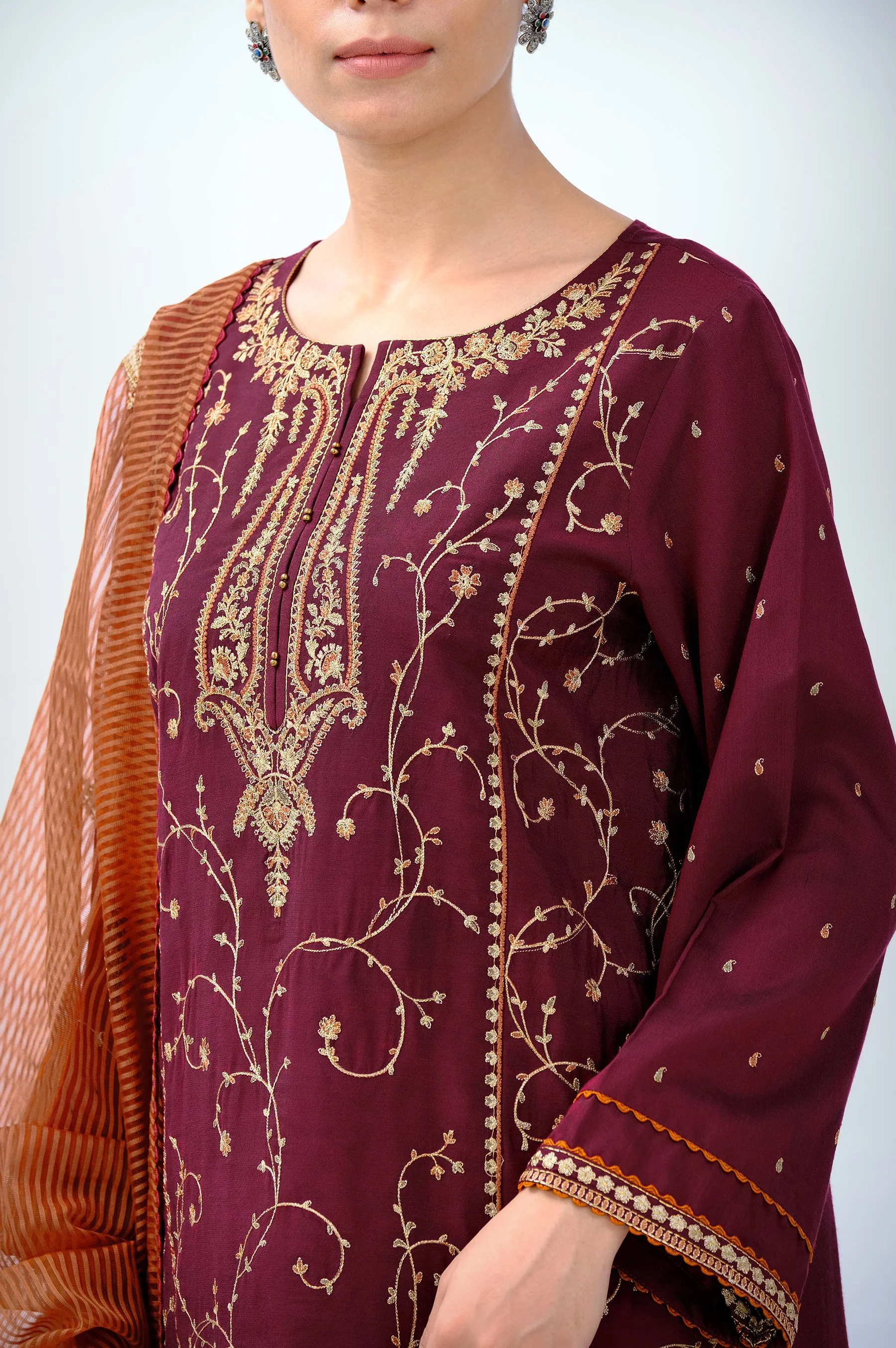 3 Piece Unstitched Embroidered Cotton Silk Suit - Image 3