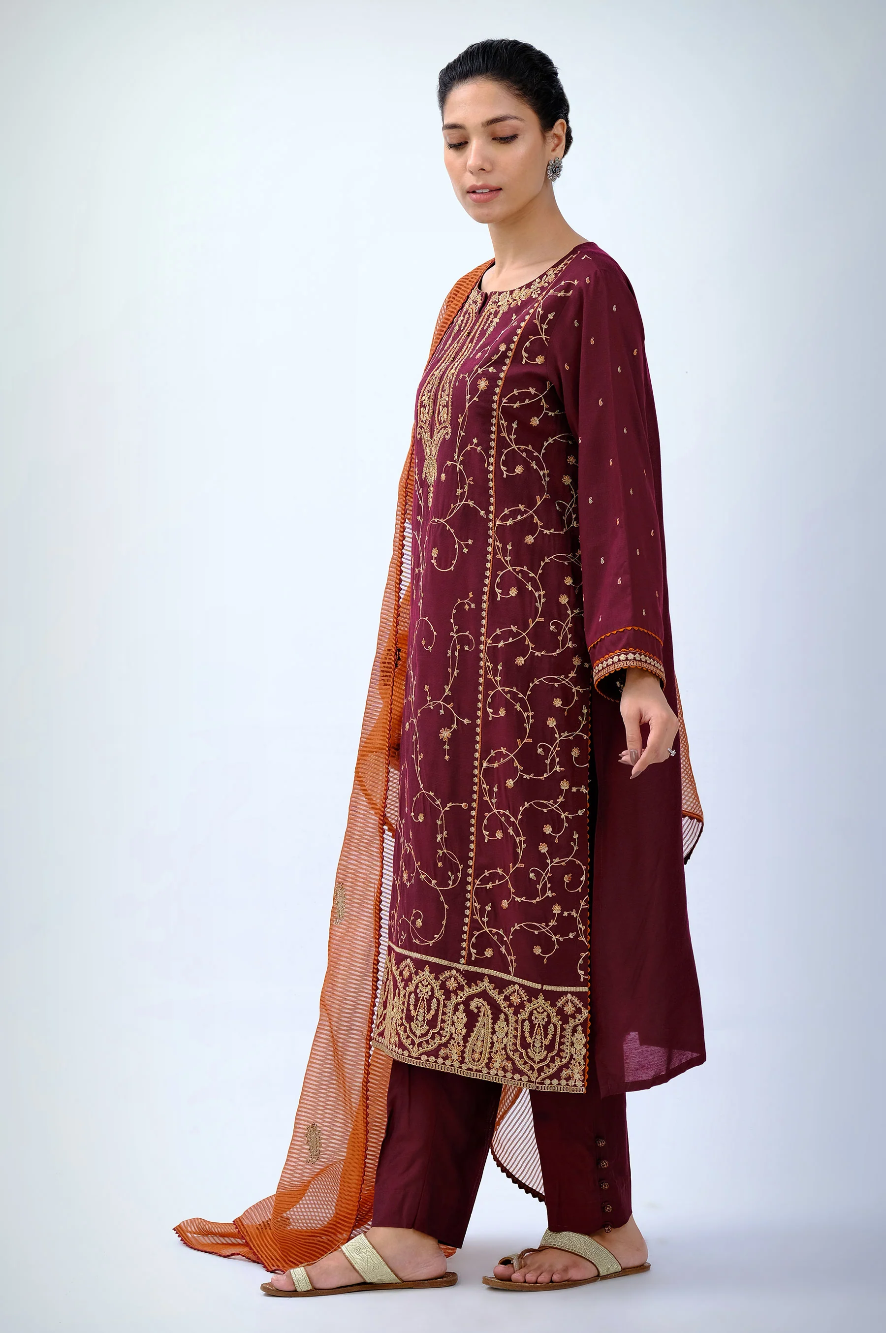 3 Piece Unstitched Embroidered Cotton Silk Suit - Image 5