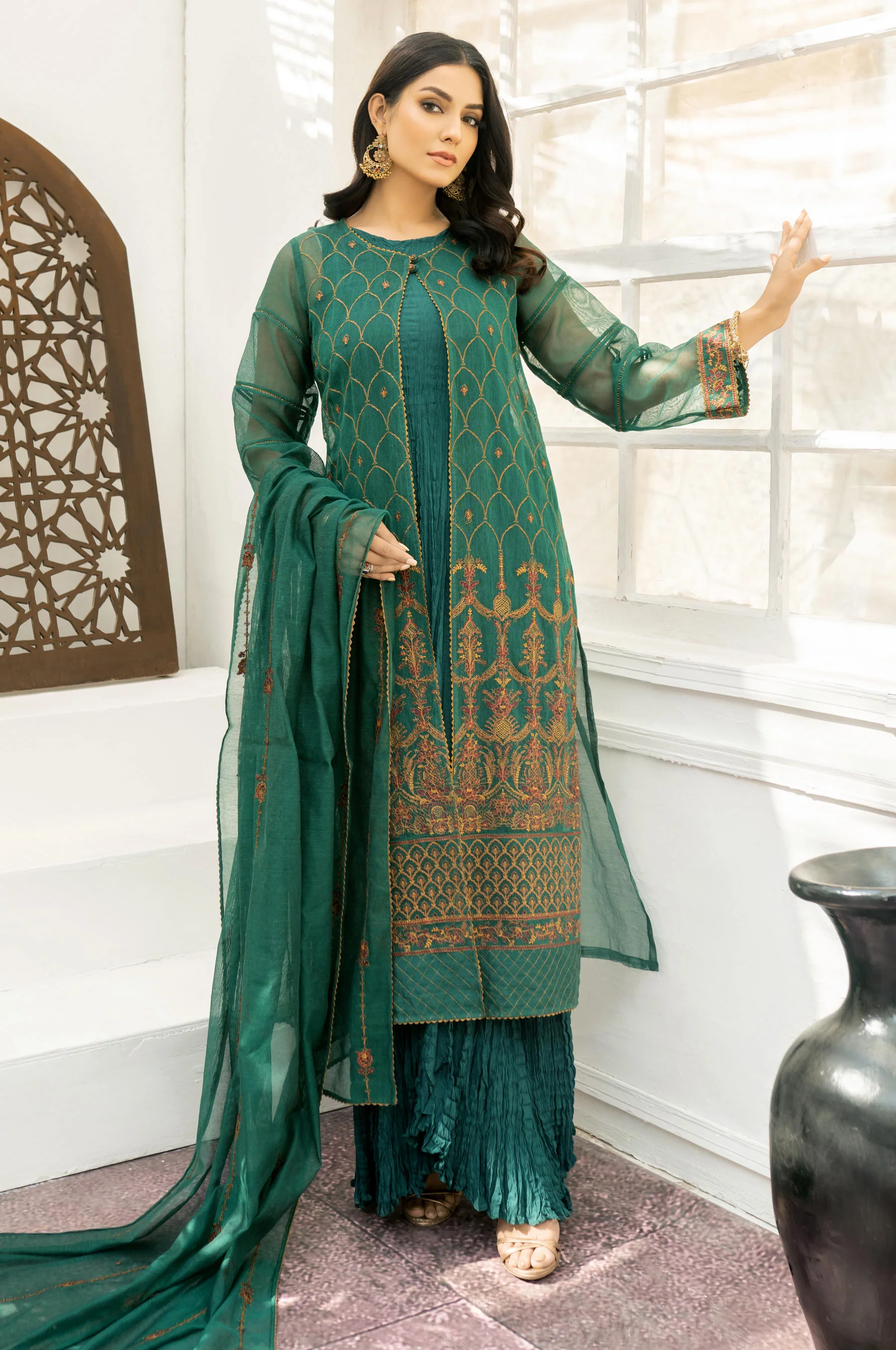 3 Piece Unstitched Embroidered Khaddi Net Suit