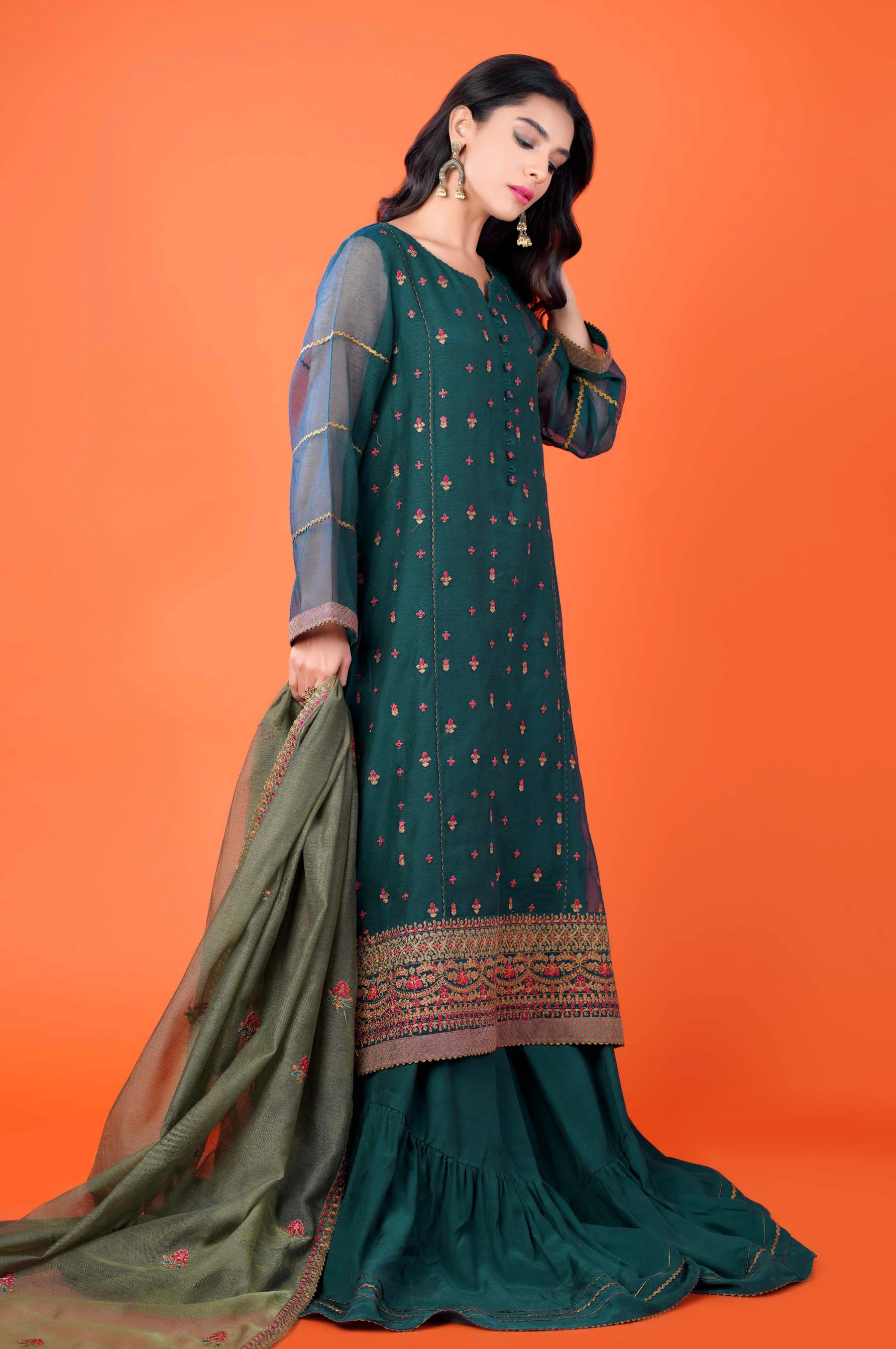 3 Pieces Unstitched Embroidered Khadi Net Suit - Image 2
