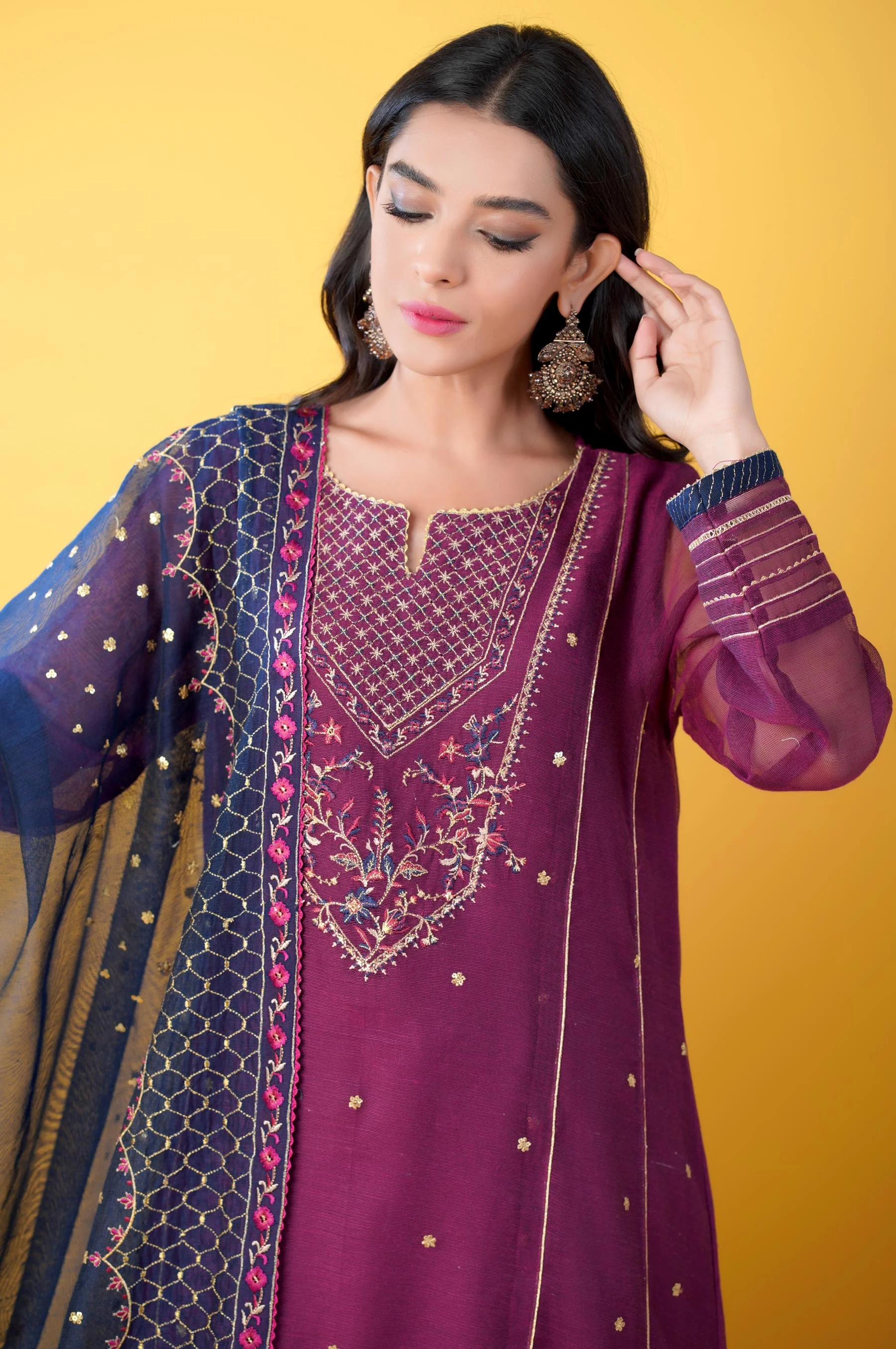 3 Pieces Unstitched Embroidered Khadi Net Suit - Image 2
