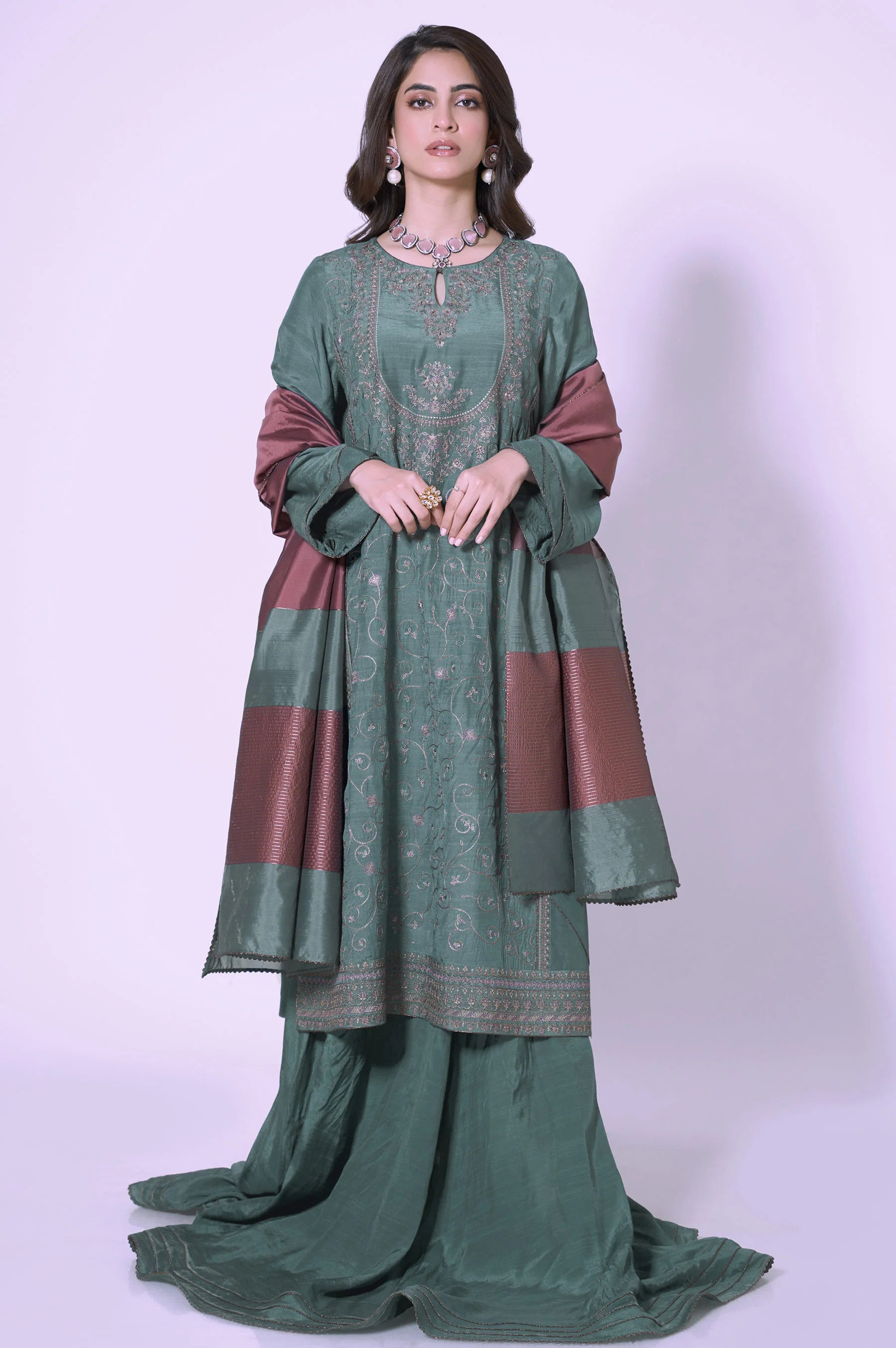 3 Piece Unstitched Embroidered Raw Silk Suit - Image 3