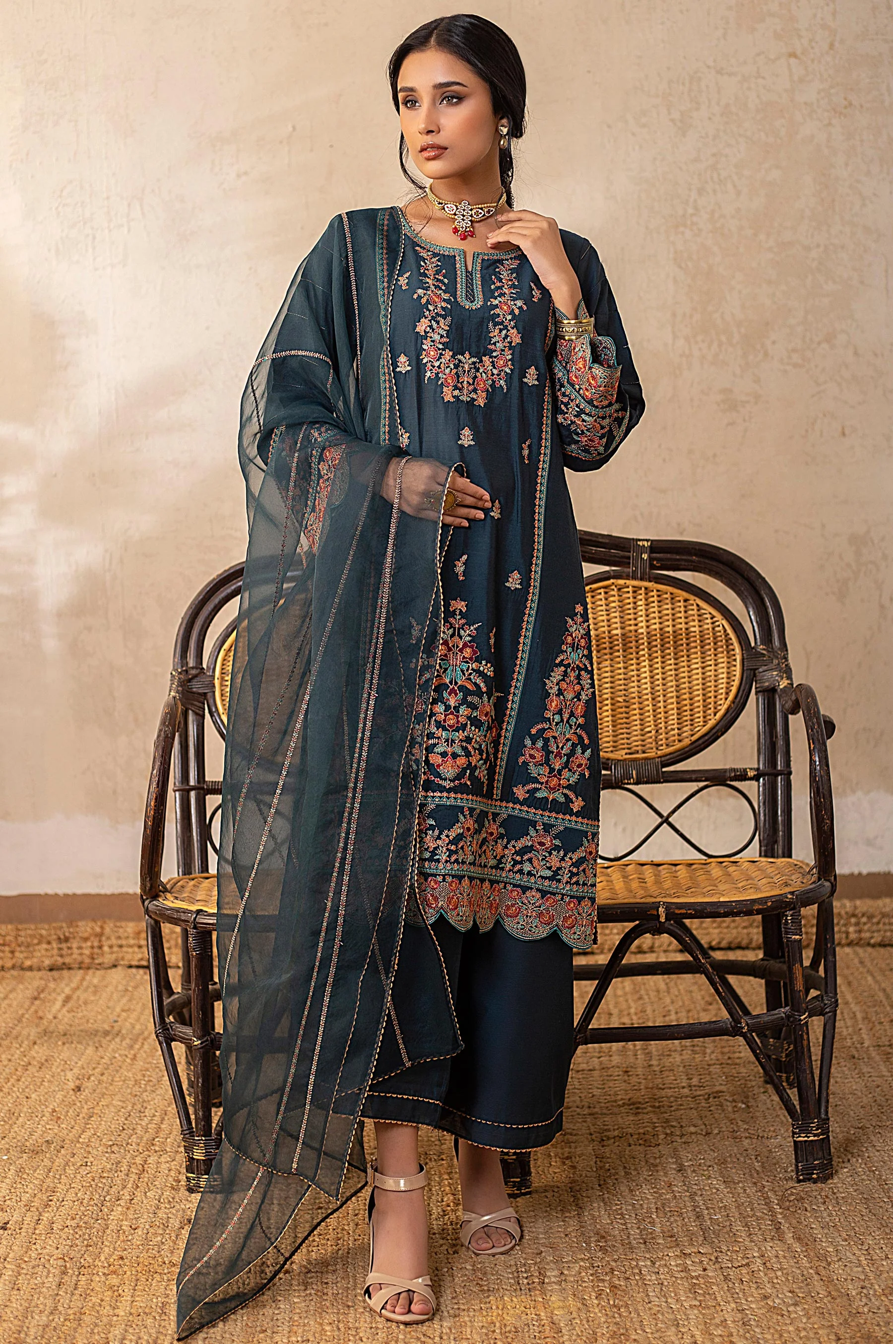 3 Piece Unstitched Embroidered Cotton Silk Suit