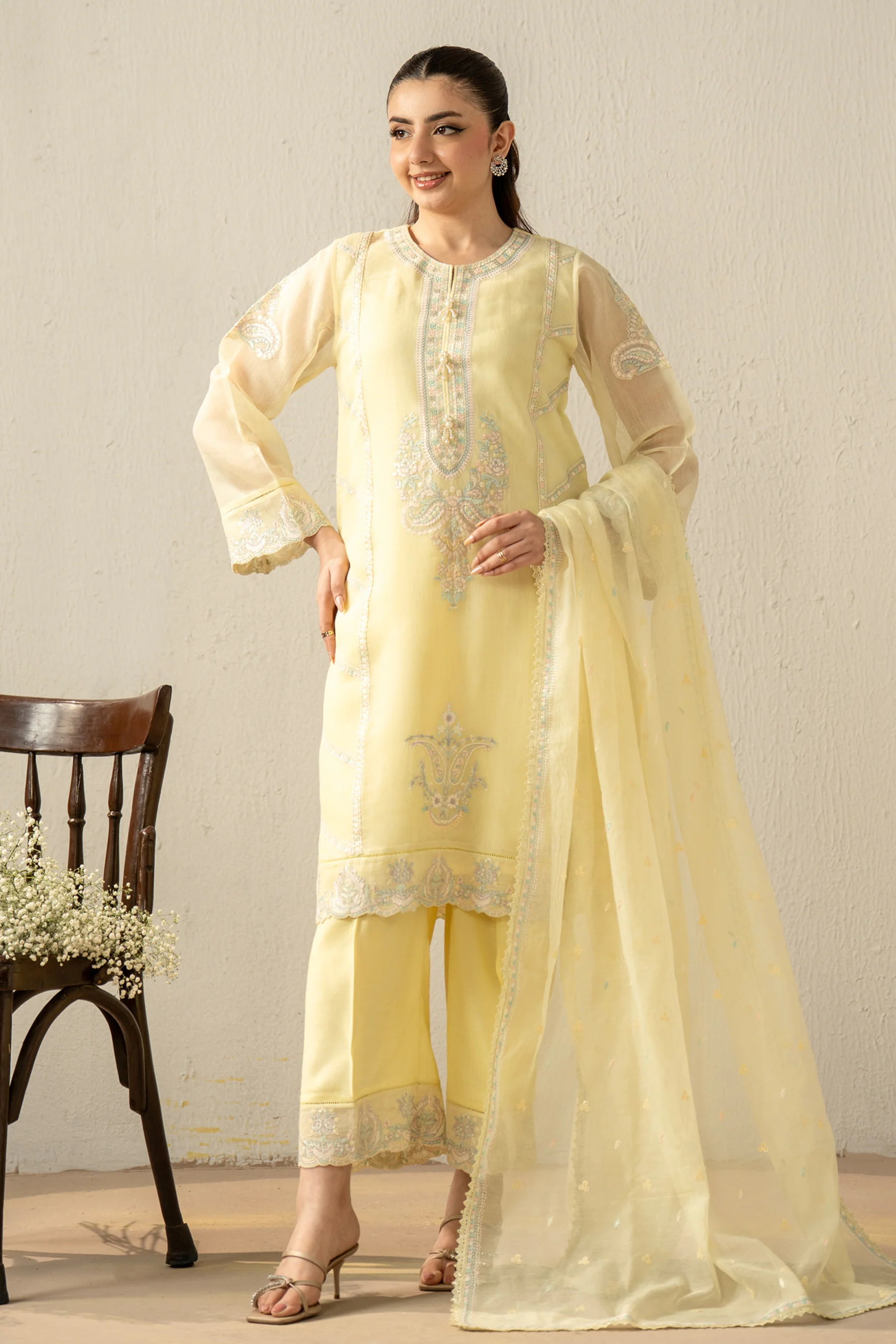 EMBROIDERED KHADDI NET STITCHED 3 PIECE SUIT - Image 4