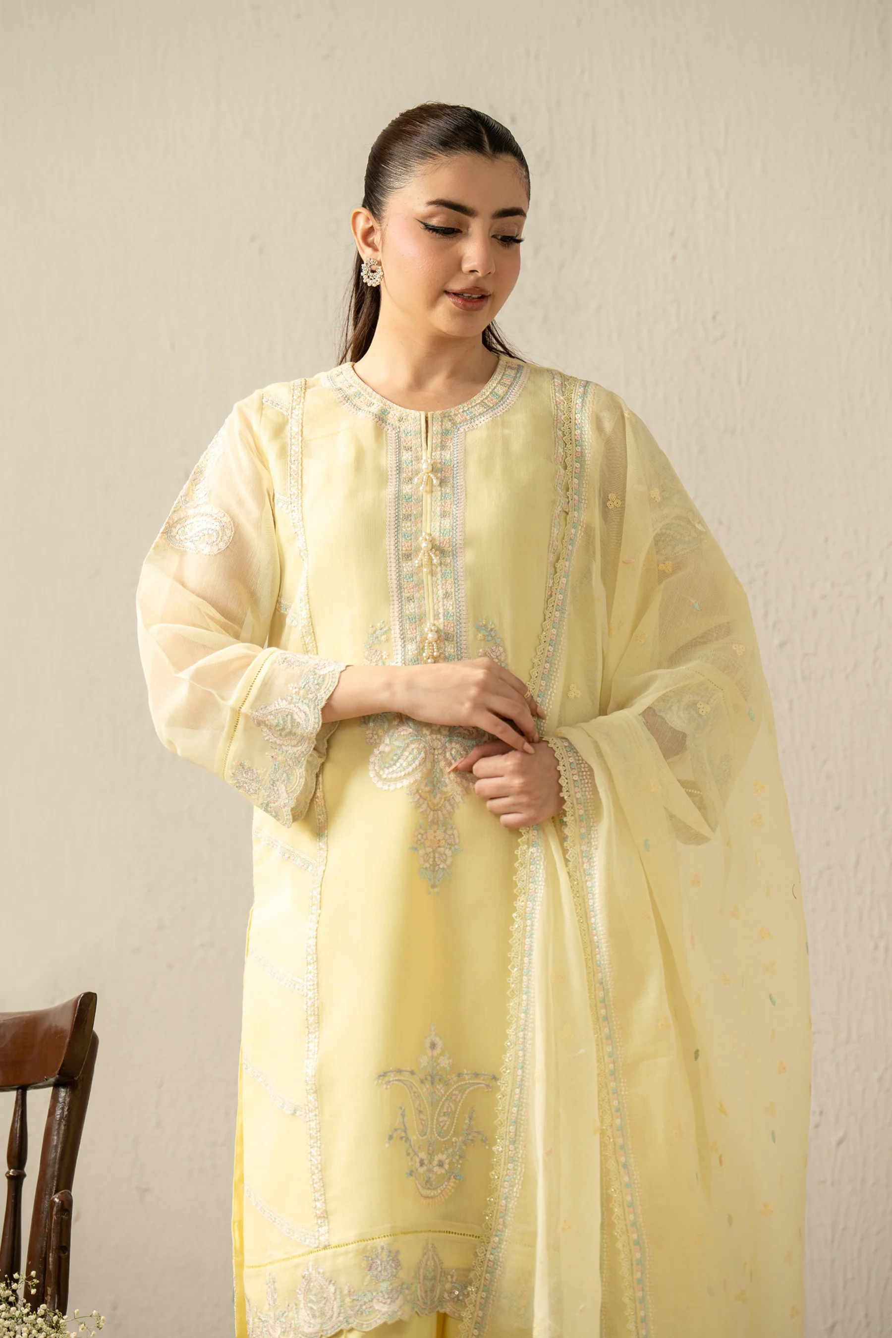 EMBROIDERED KHADDI NET STITCHED 3 PIECE SUIT - Image 5
