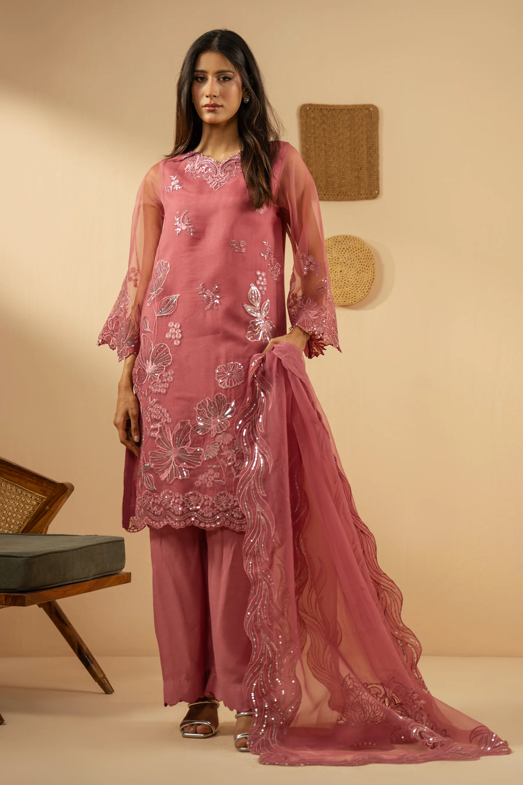 EMBROIDERED ORGANZA STITCHED 3 PIECE SUIT - Image 3