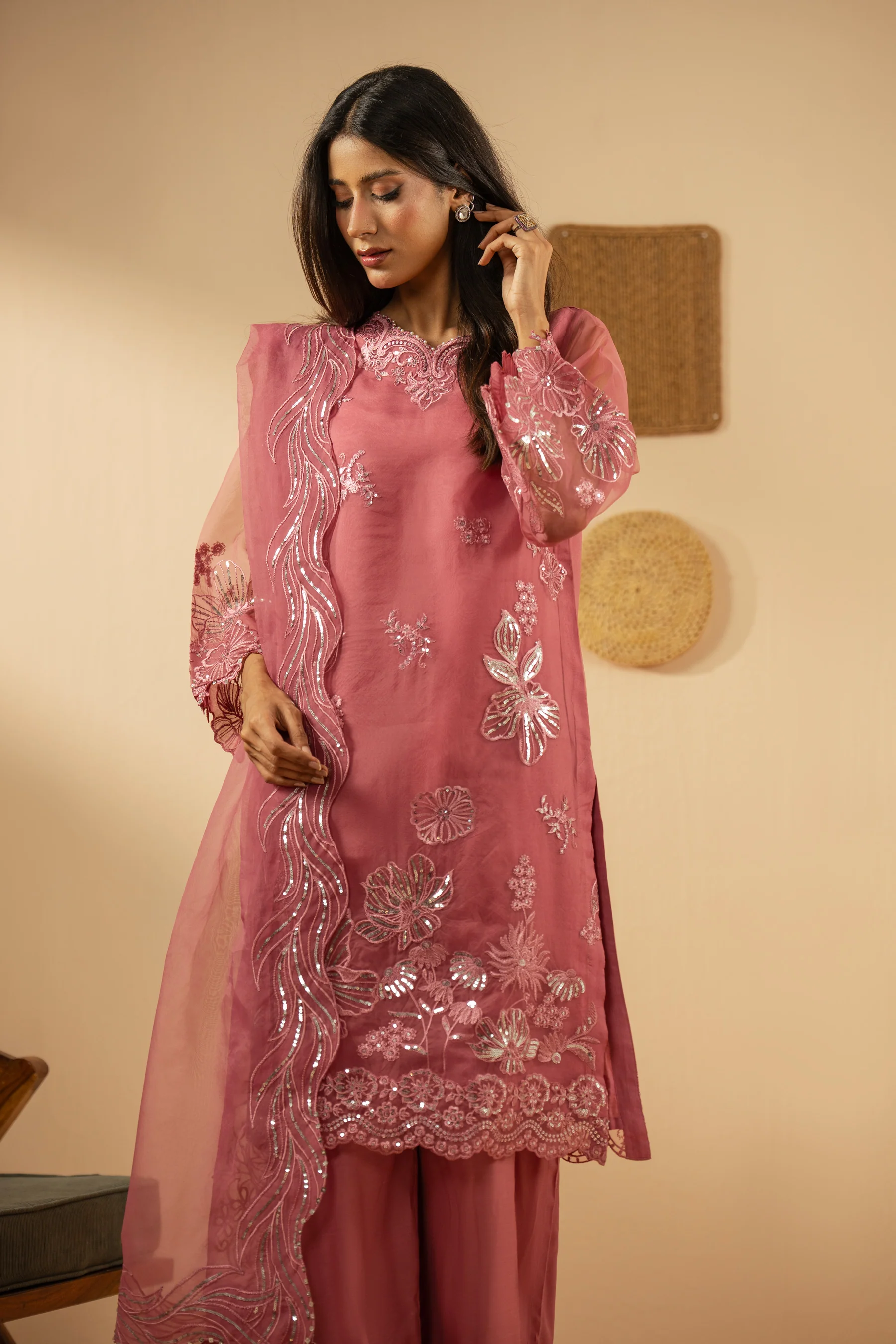 EMBROIDERED ORGANZA STITCHED 3 PIECE SUIT - Image 4