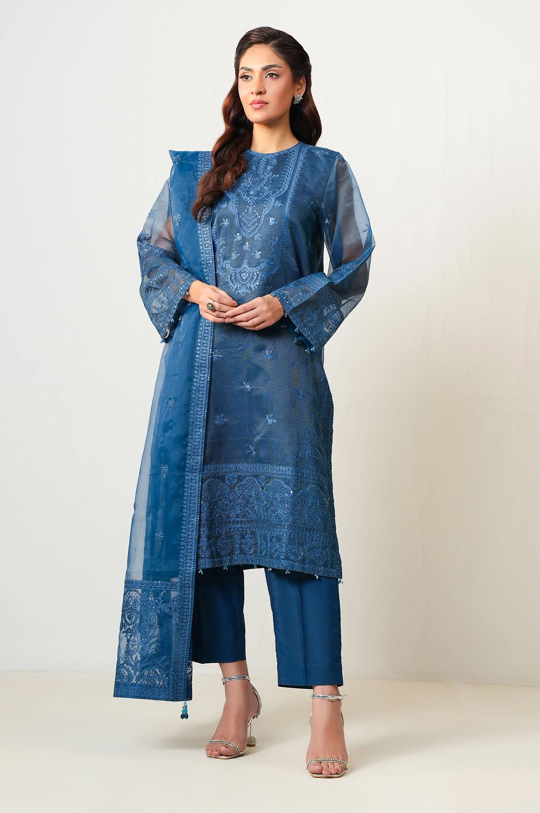 EMBROIDERED ORGANZA STITCHED 3 PIECE SUIT - Image 6