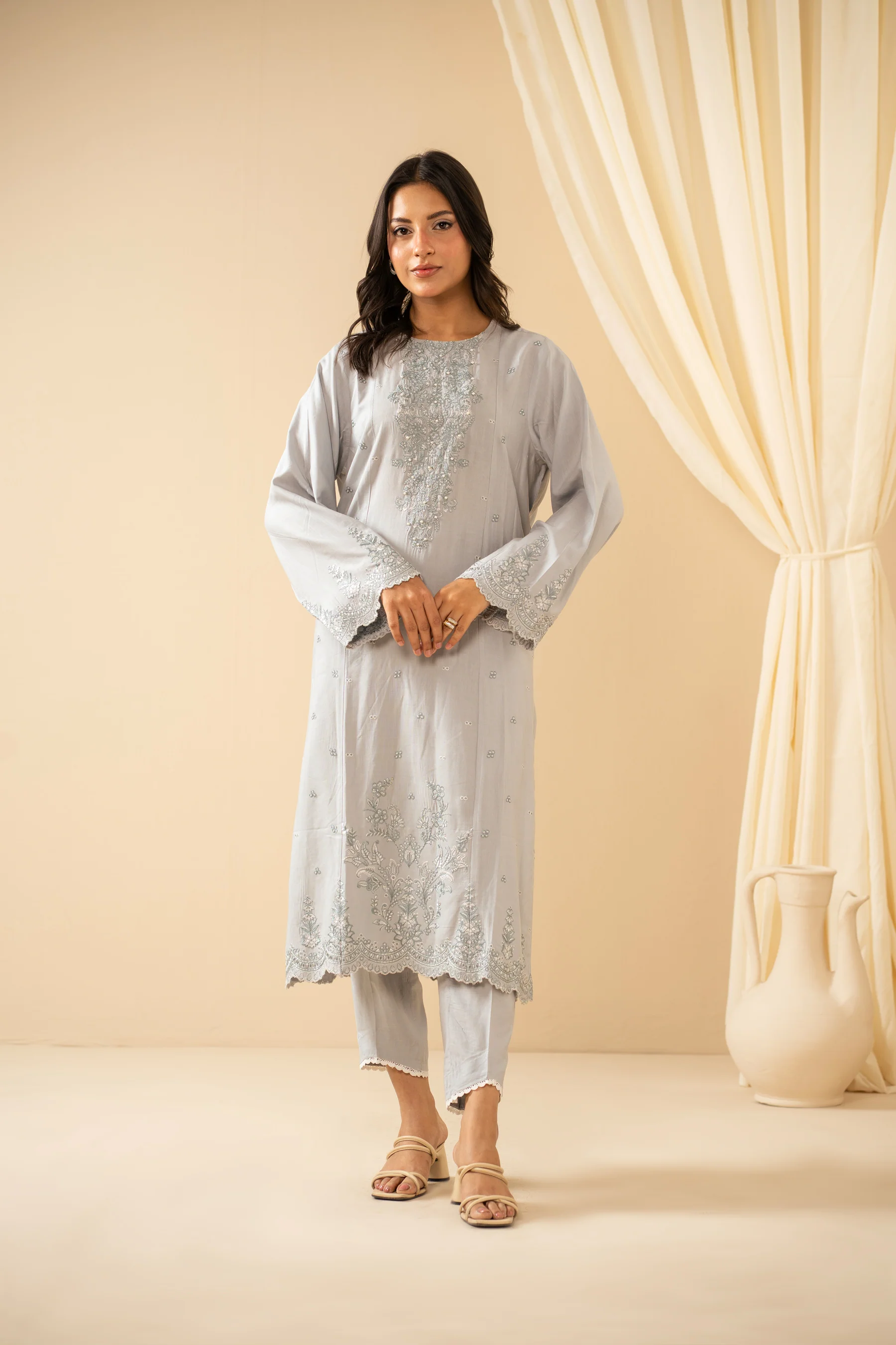 EMBROIDERED RAW SILK STITCHED 2 PIECE SUIT - Image 5