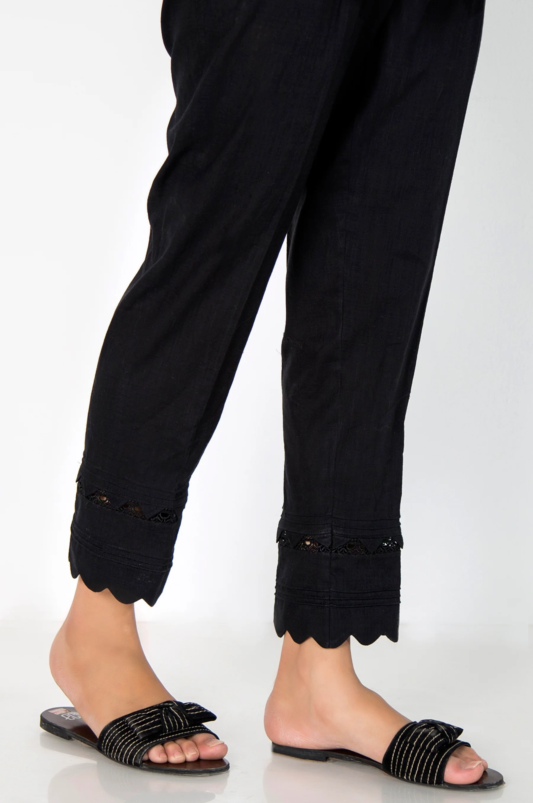 Cotton Slub Embellished Cigarette Pants - Black - Image 2