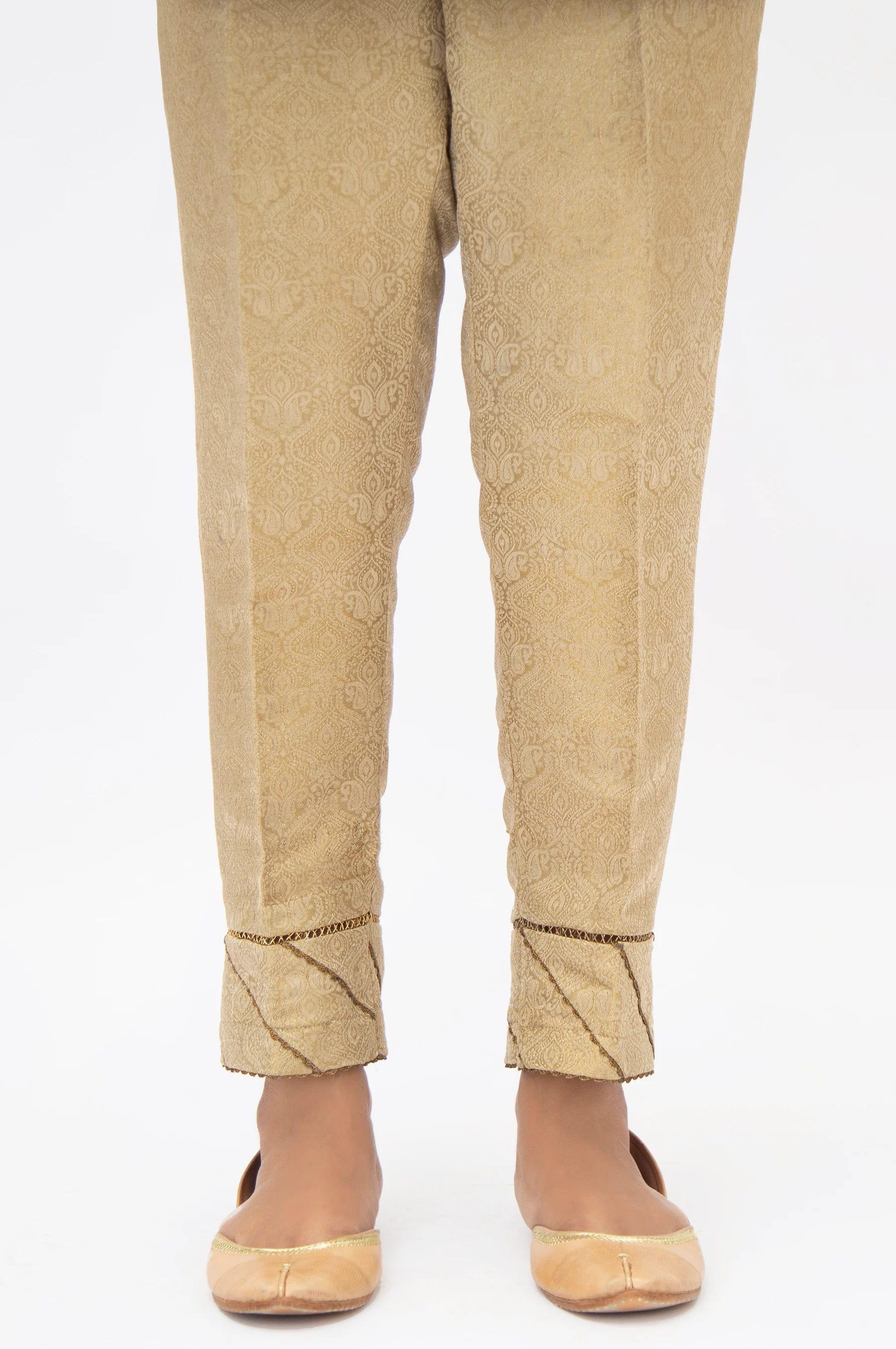 Embellished Jamawar Cigarette Pants - Gold