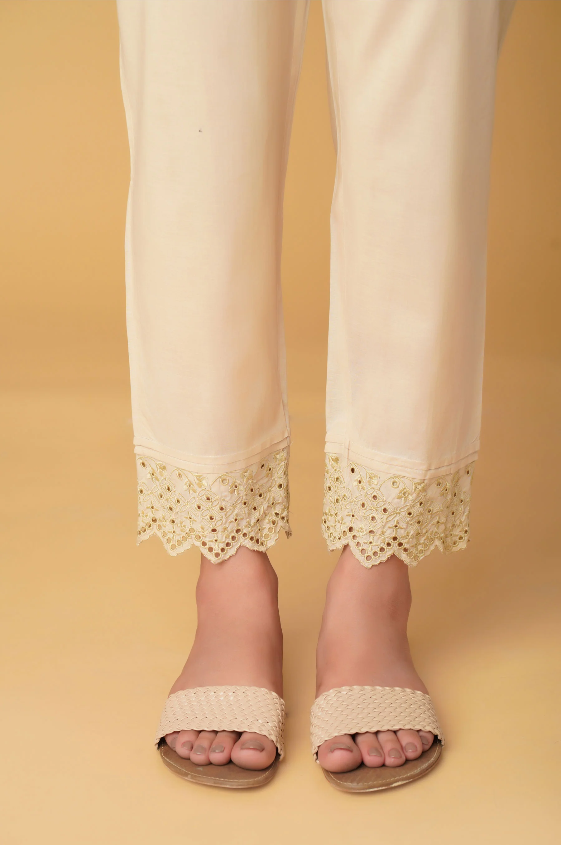 Emboirdered Cambric Cigarette Pant - Beige
