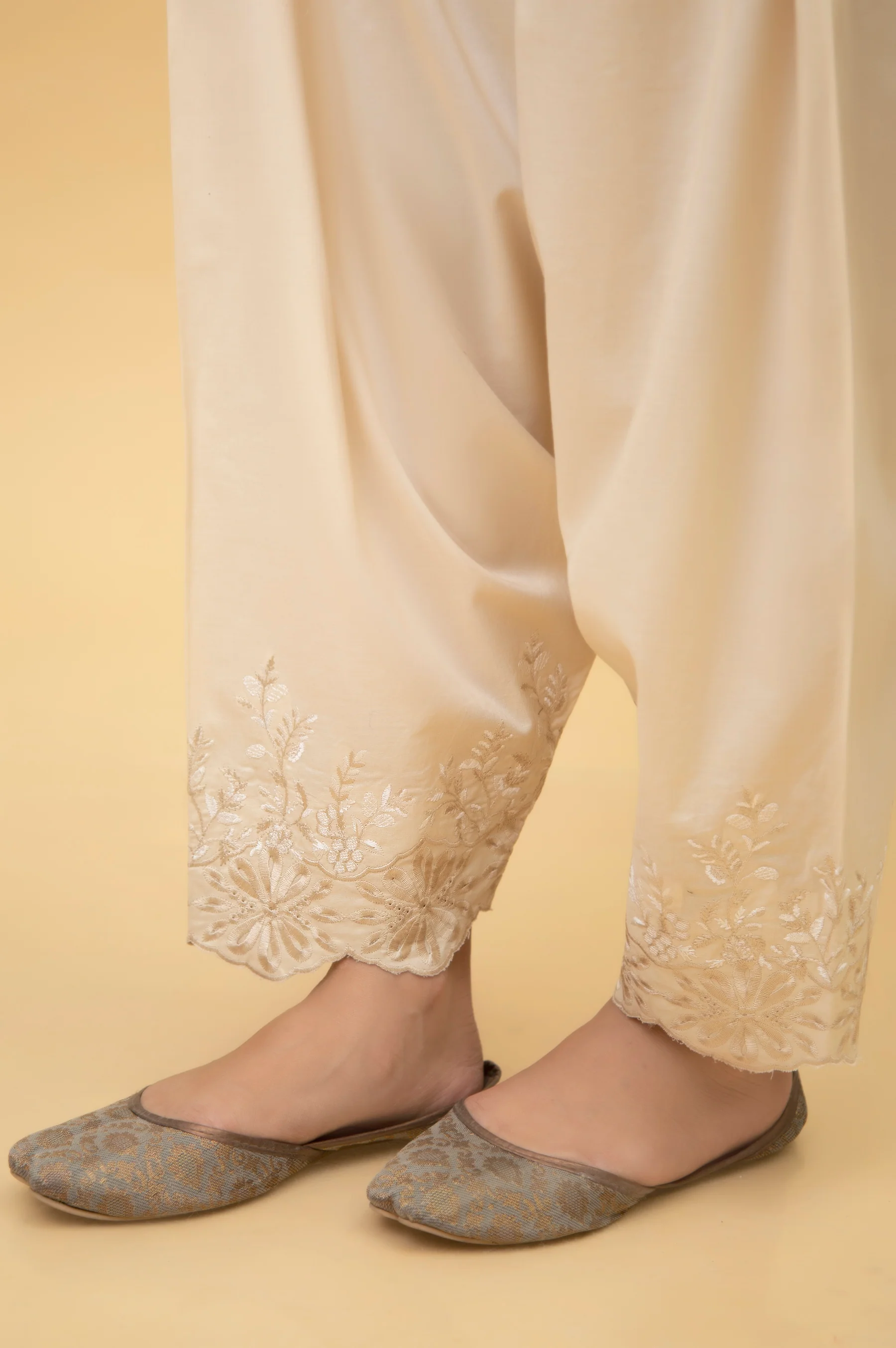 Embroidered Cambric Shalwar - Beige - Image 3