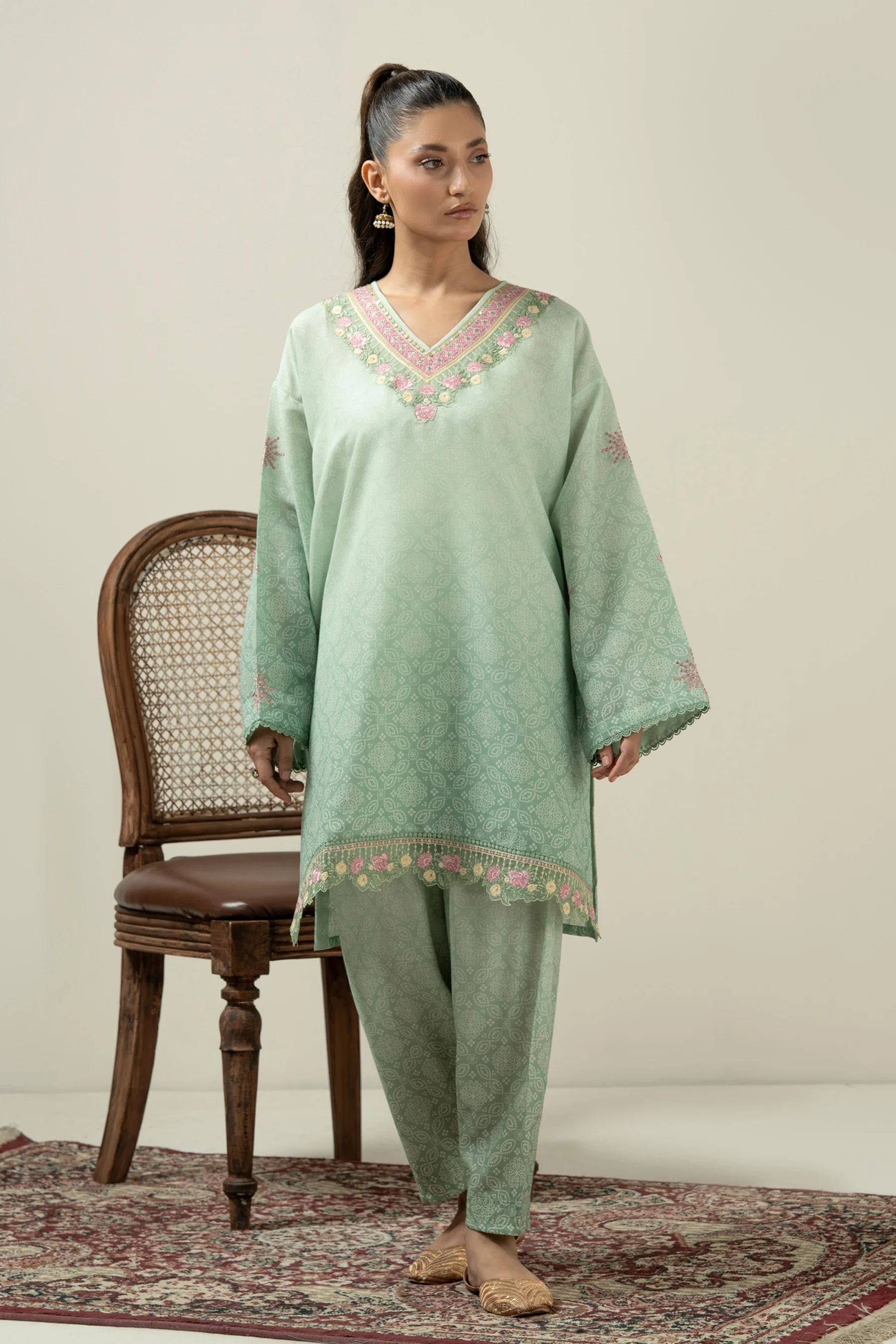 EMBROIDERED CAMBRIC ZARI STITCHED 2 PIECE SUIT