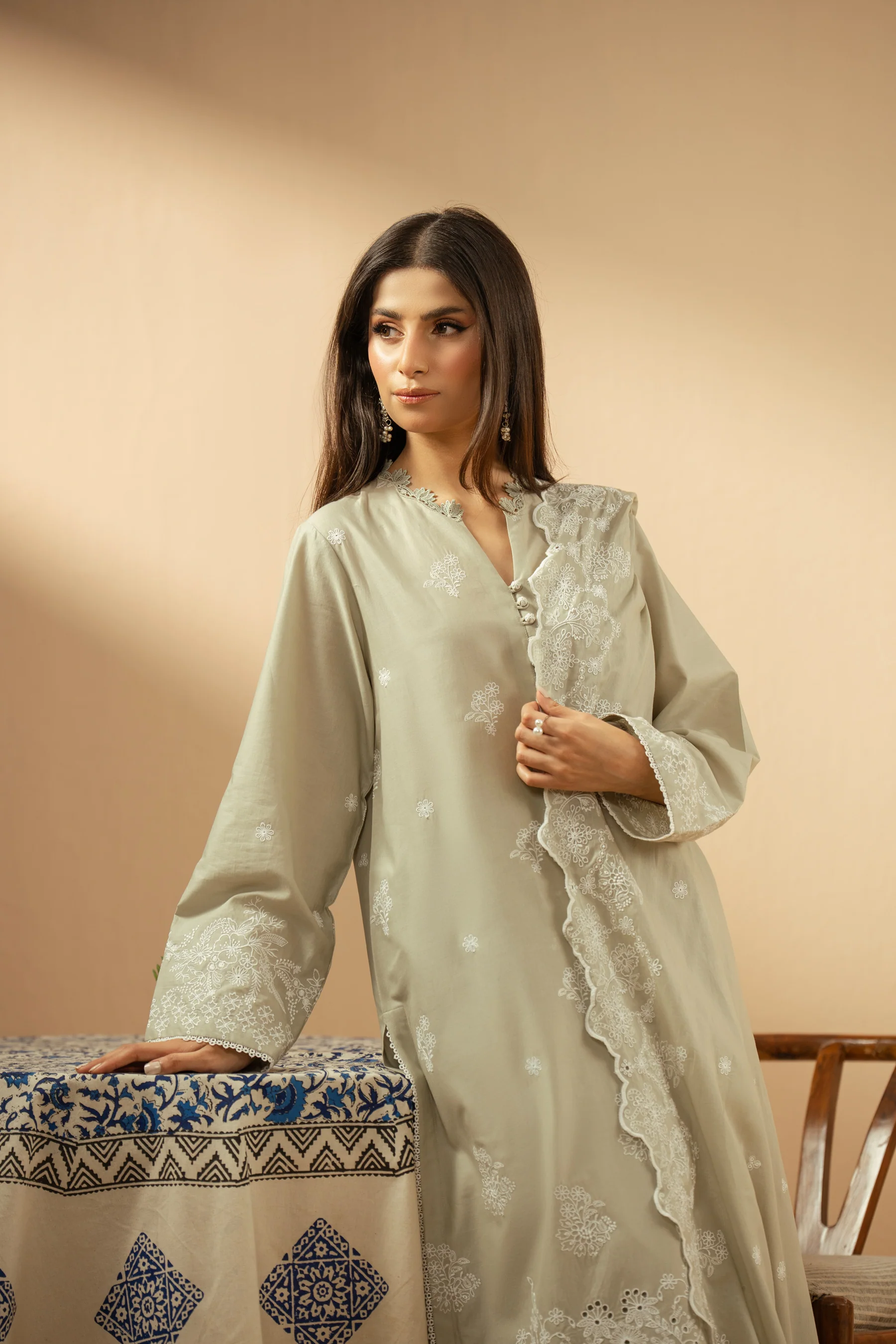 EMBROIDERED CHIKANKARI UNSTITCHED 3 PIECE SUIT - Image 2