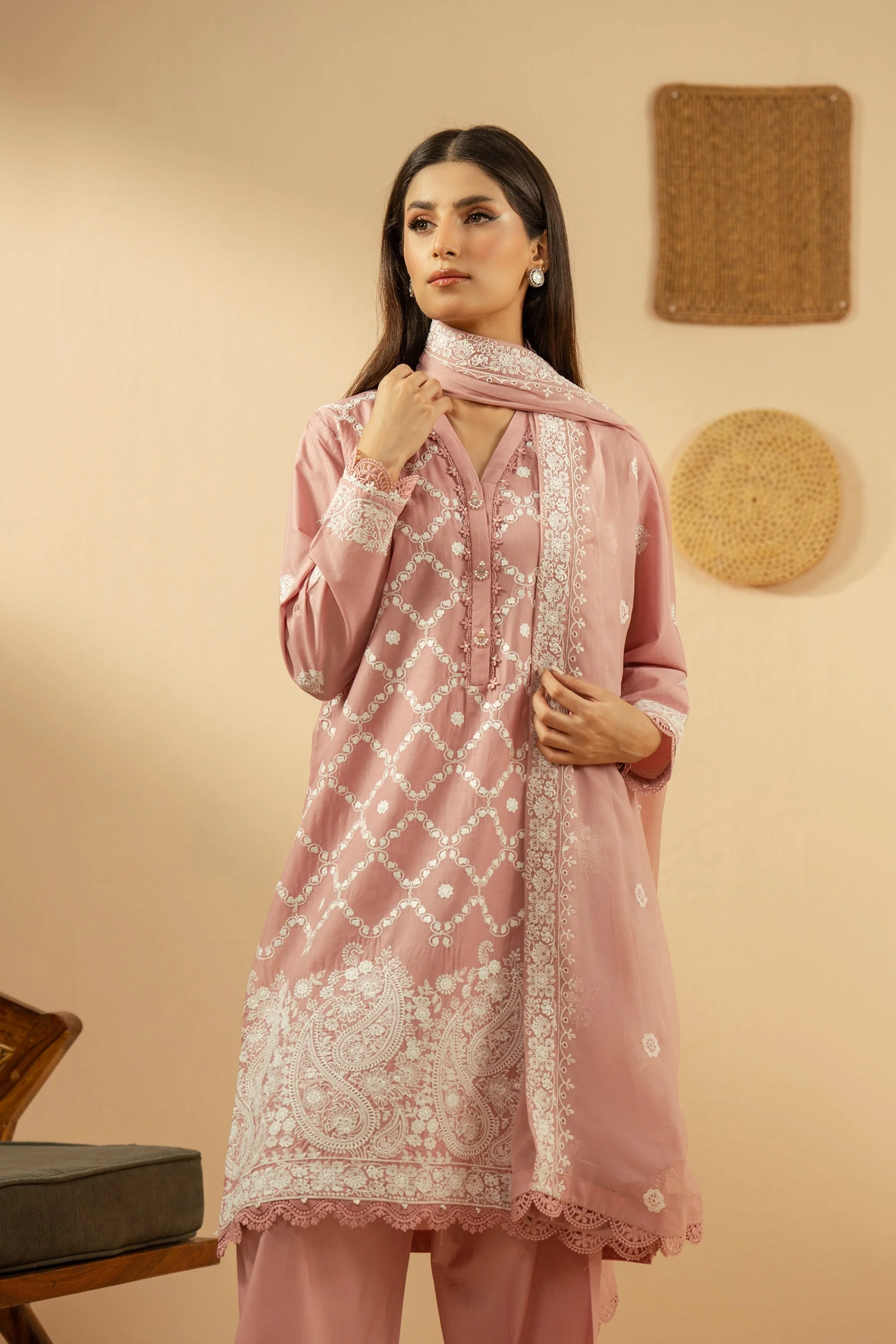 EMBROIDERED CHIKANKARI UNSTITCHED 3 PIECE SUIT (FACTORY E-OUTLET) - Image 5