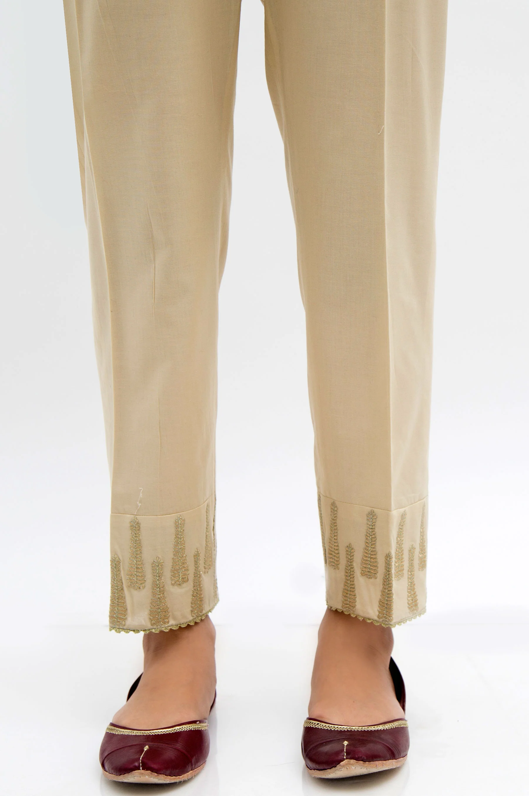 Embroidered Cambric Cigarette Pants - Beige