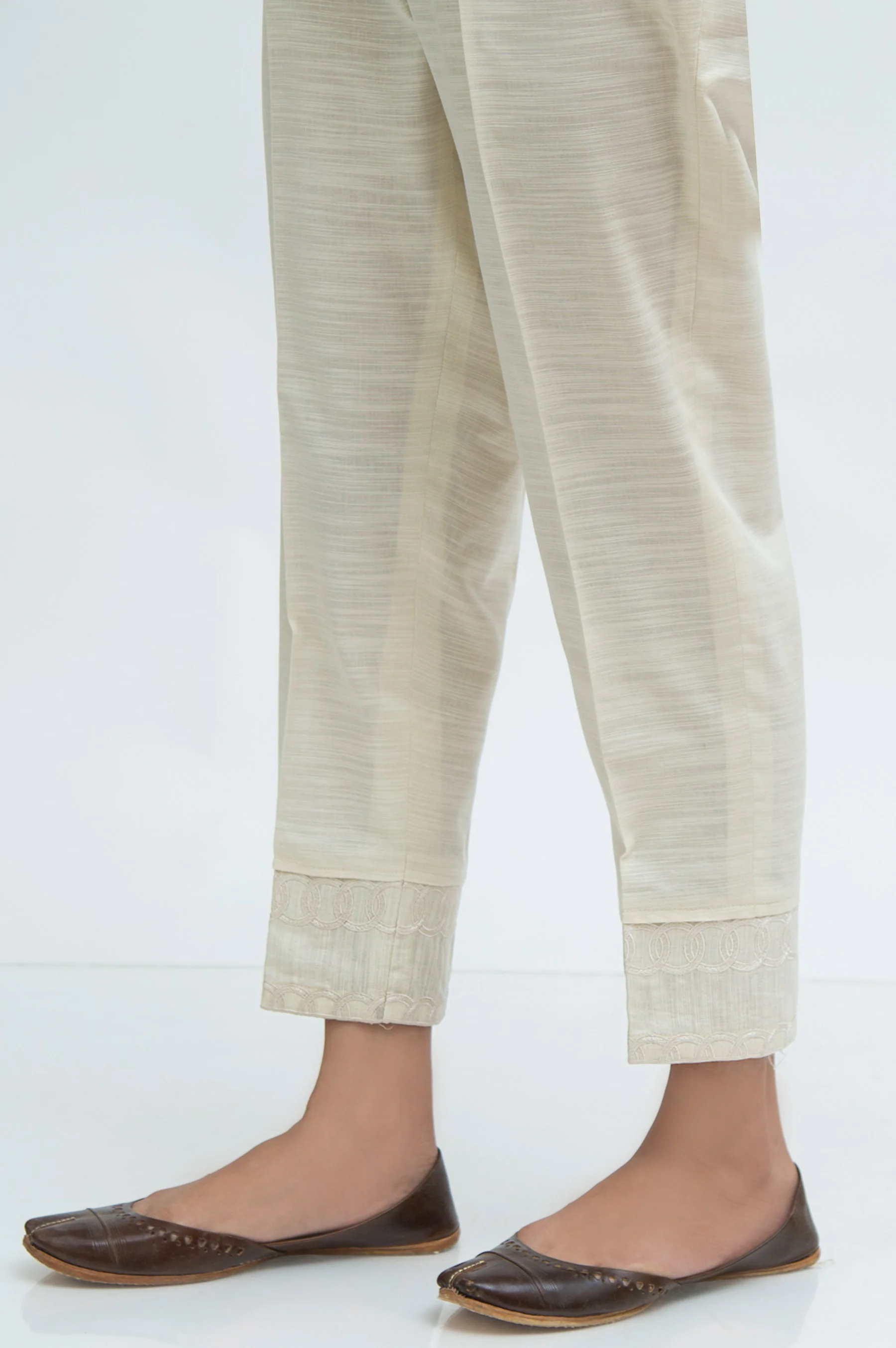 Embroidered khaddar Cigarette Pants - Off White - Image 3