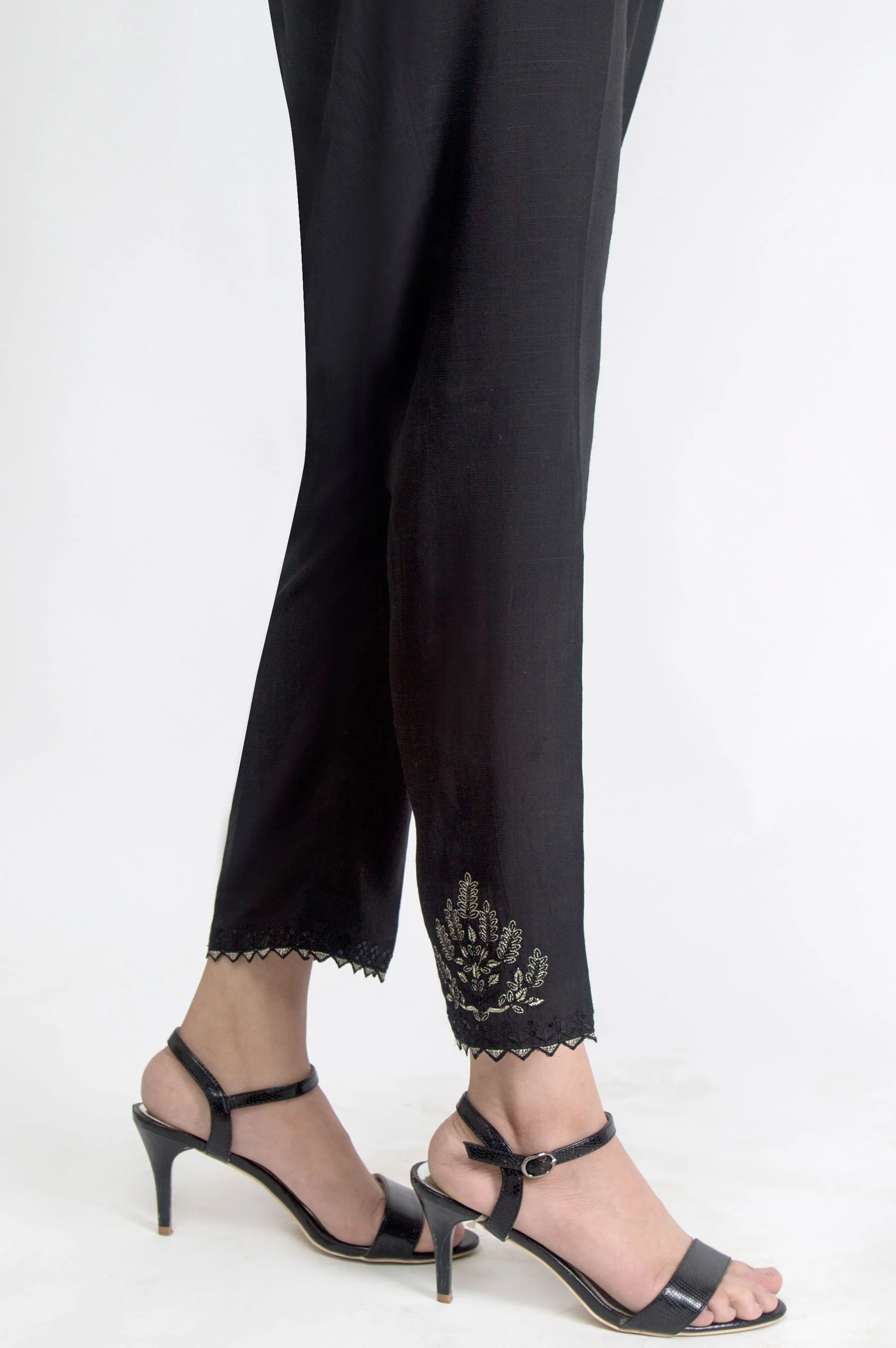 Embroidered Raw Silk Pants - Black - Image 3