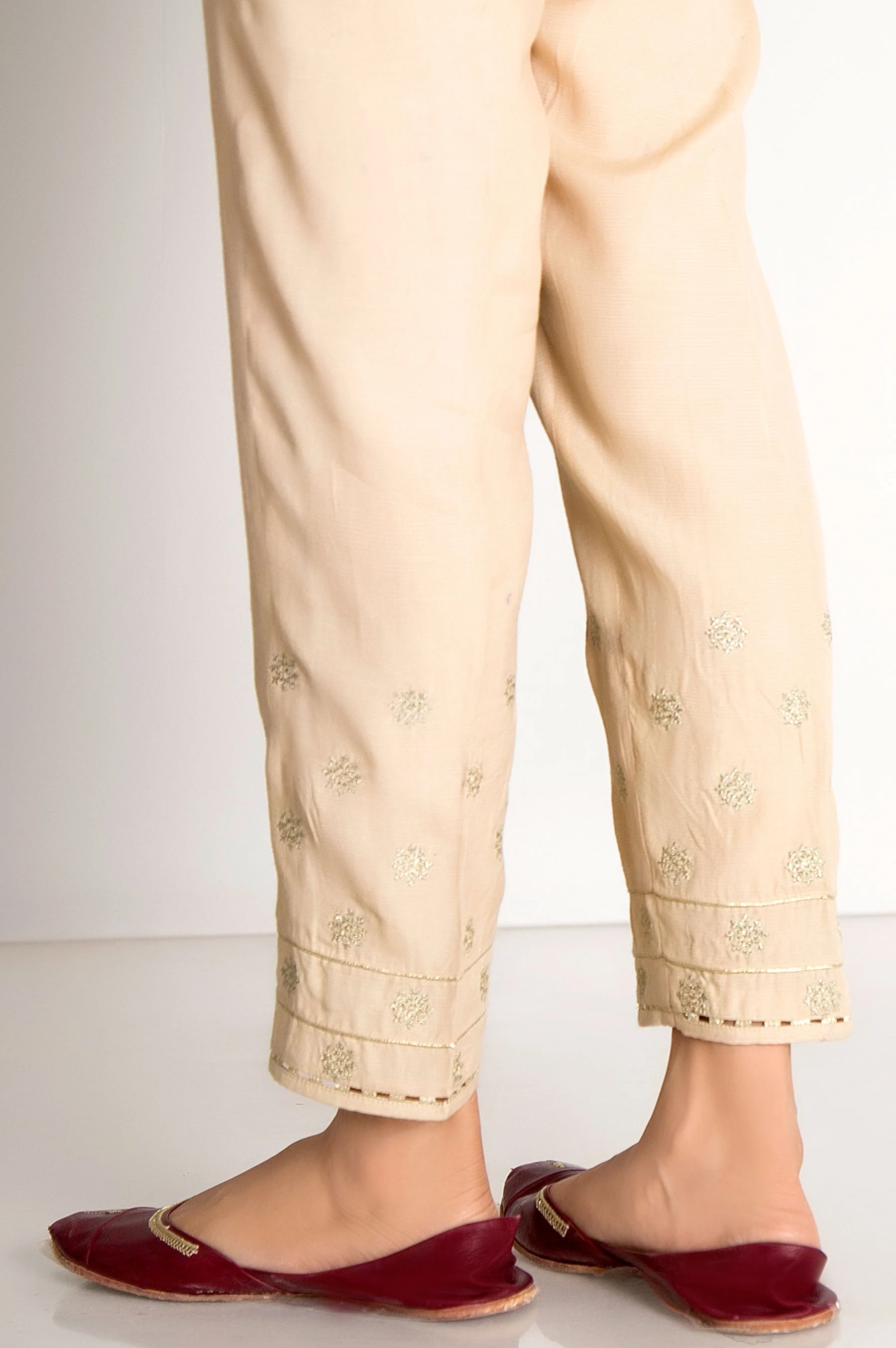 Embroidered Raw Silk Cigarette Pants - Beige - Image 2