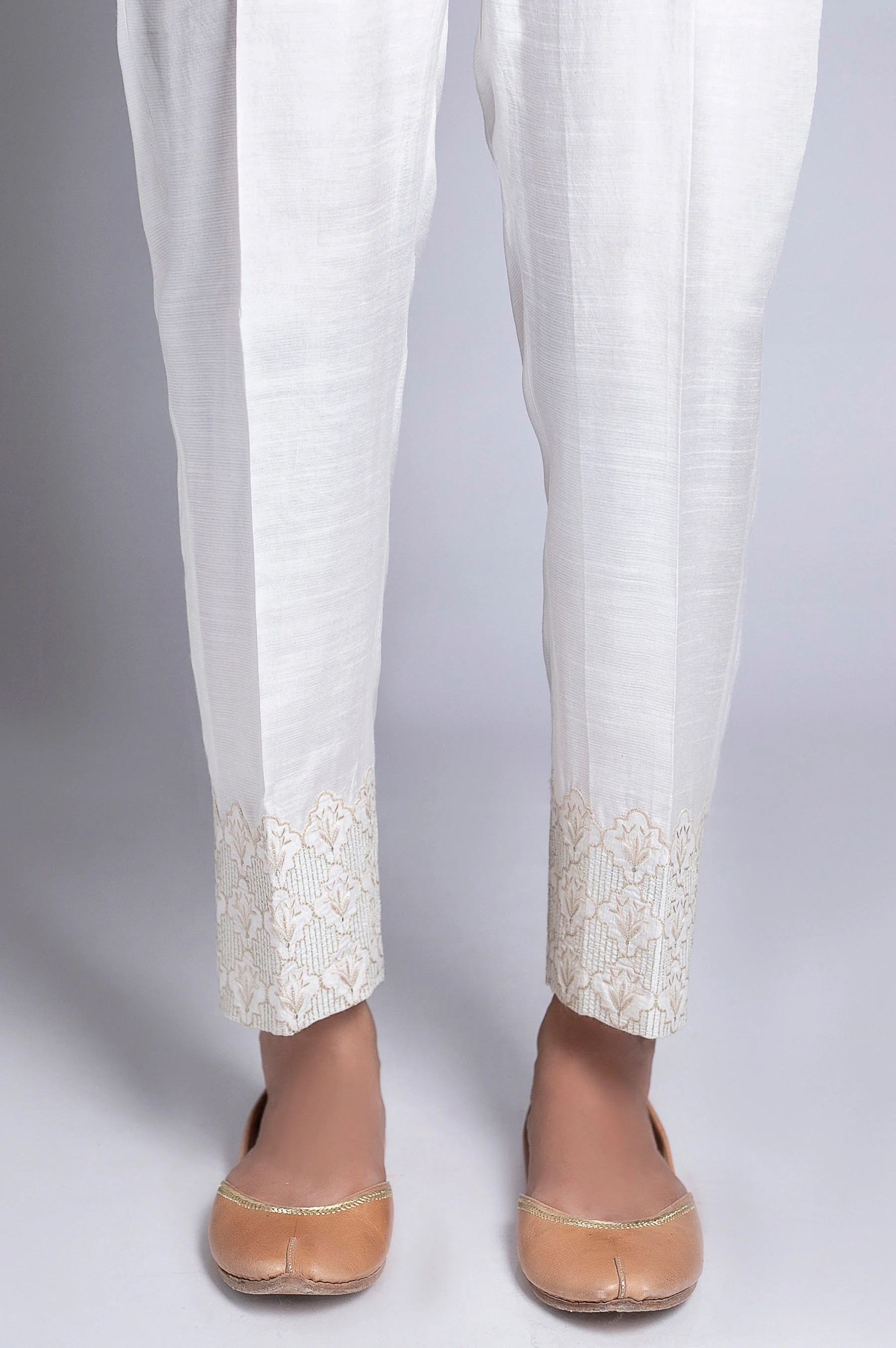 Embroidered Raw Silk Pants - White - Image 2
