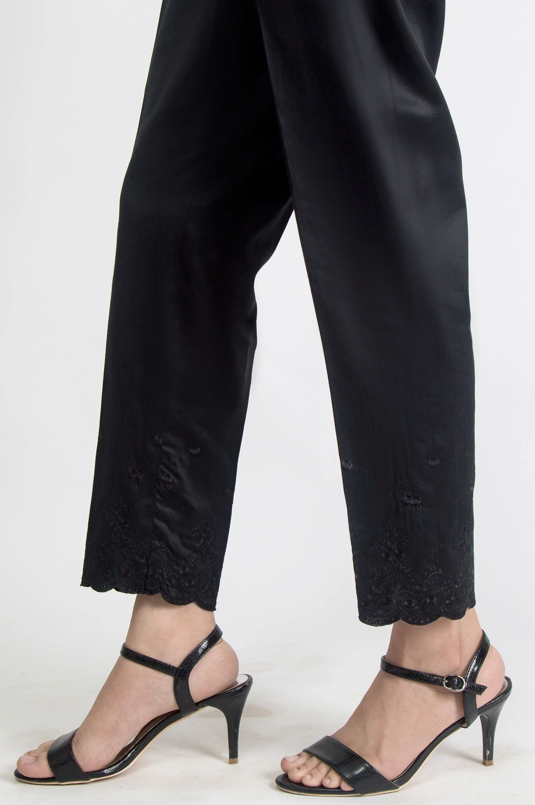 Embroidered Cotton Satin Pants - Black - Image 3