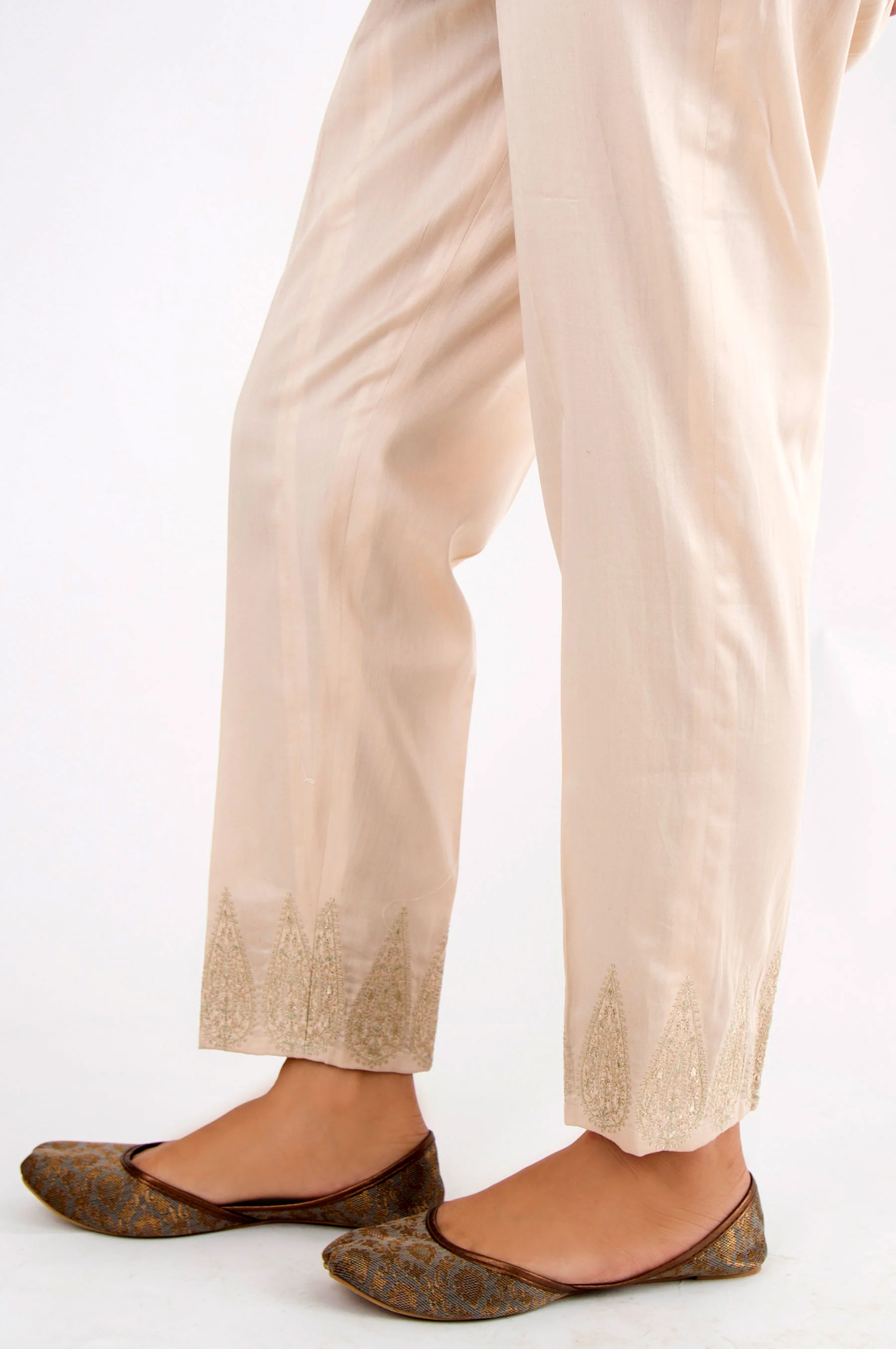 Embroidered Cotton Satin Pants - Beige - Image 3