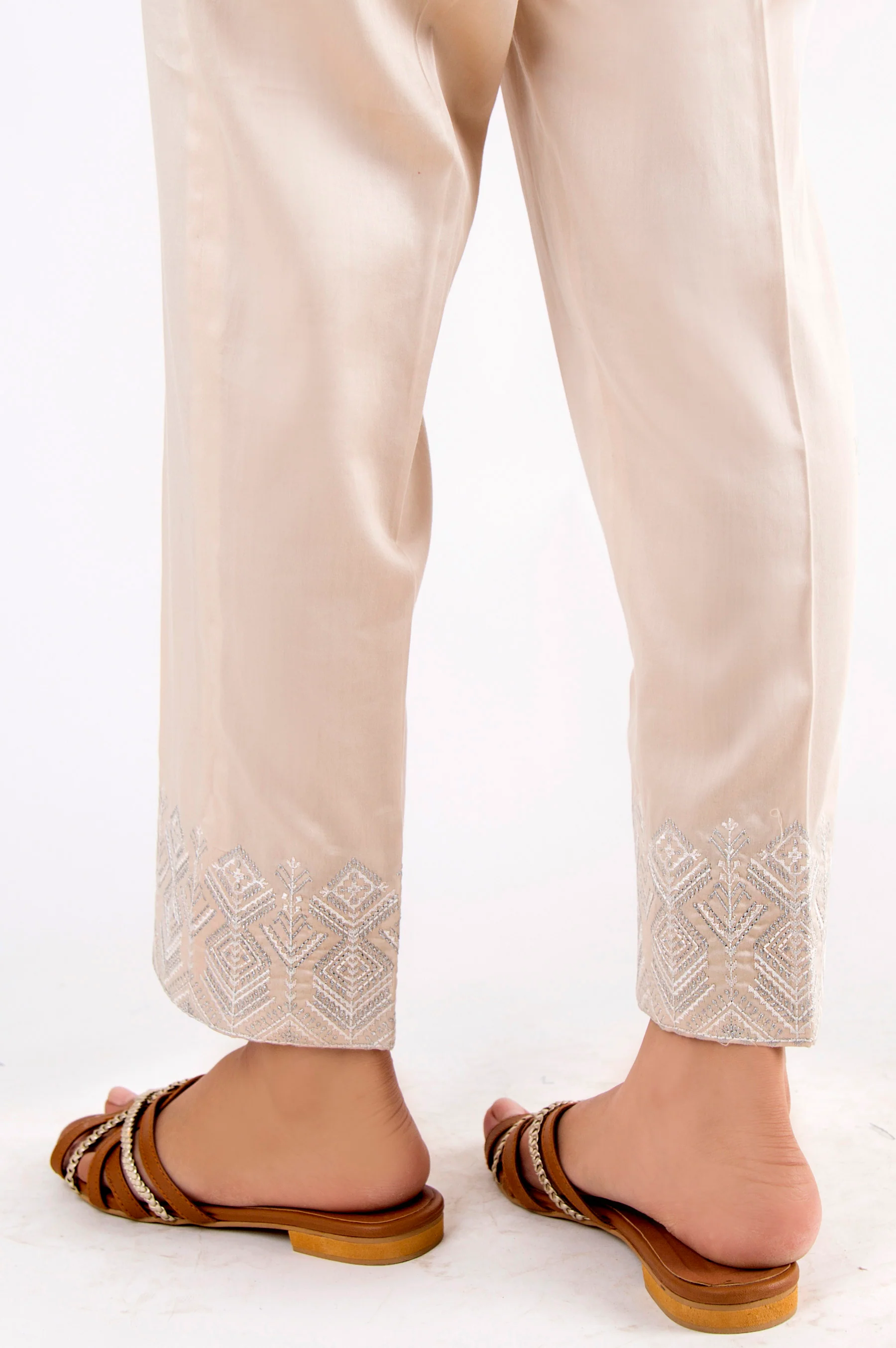 Embroidered Cotton Satin Pants - Beige - Image 3