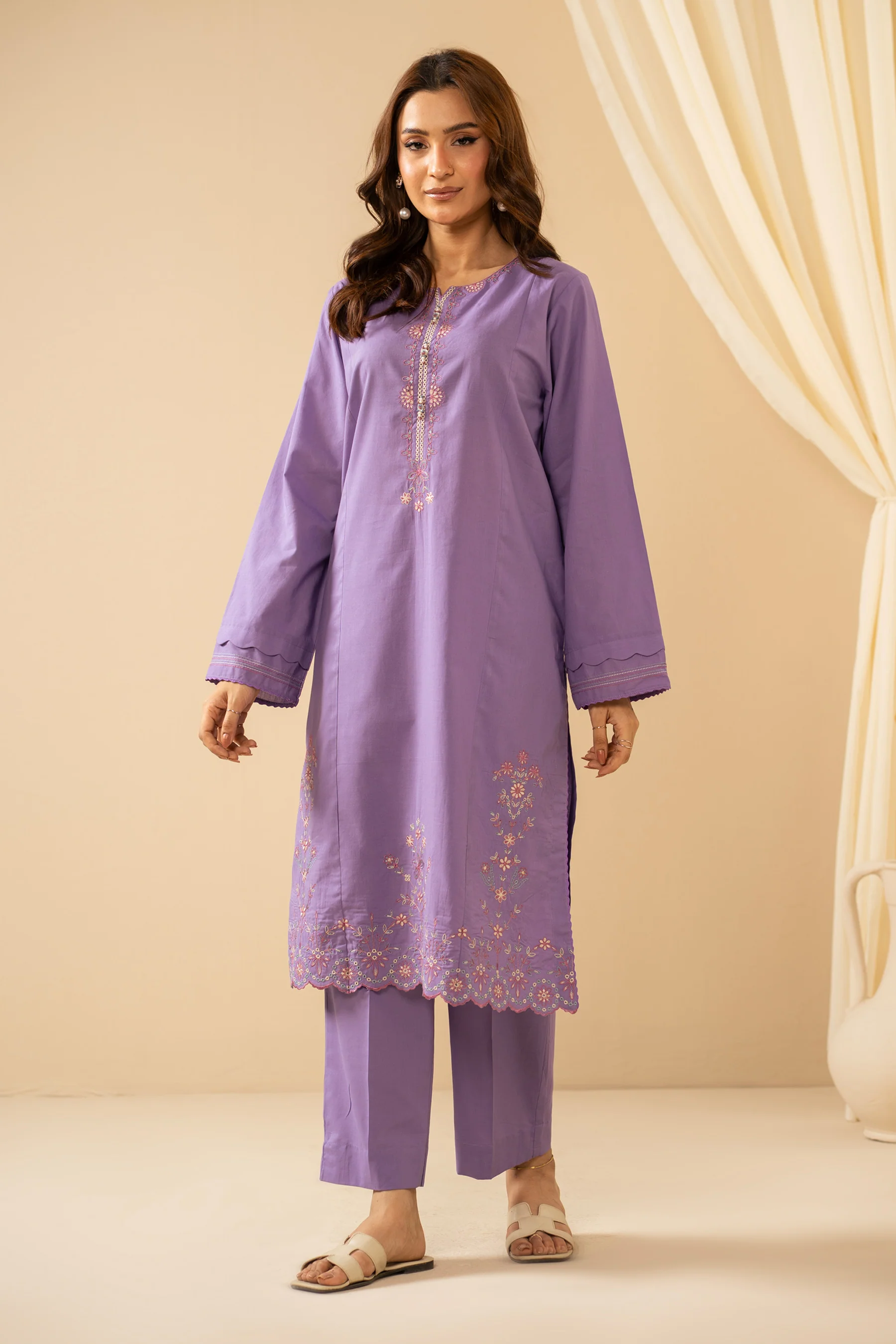 STITCHED EMBROIDERED COTTEL 2 PIECE SUIT (FACTORY E-OUTLET)