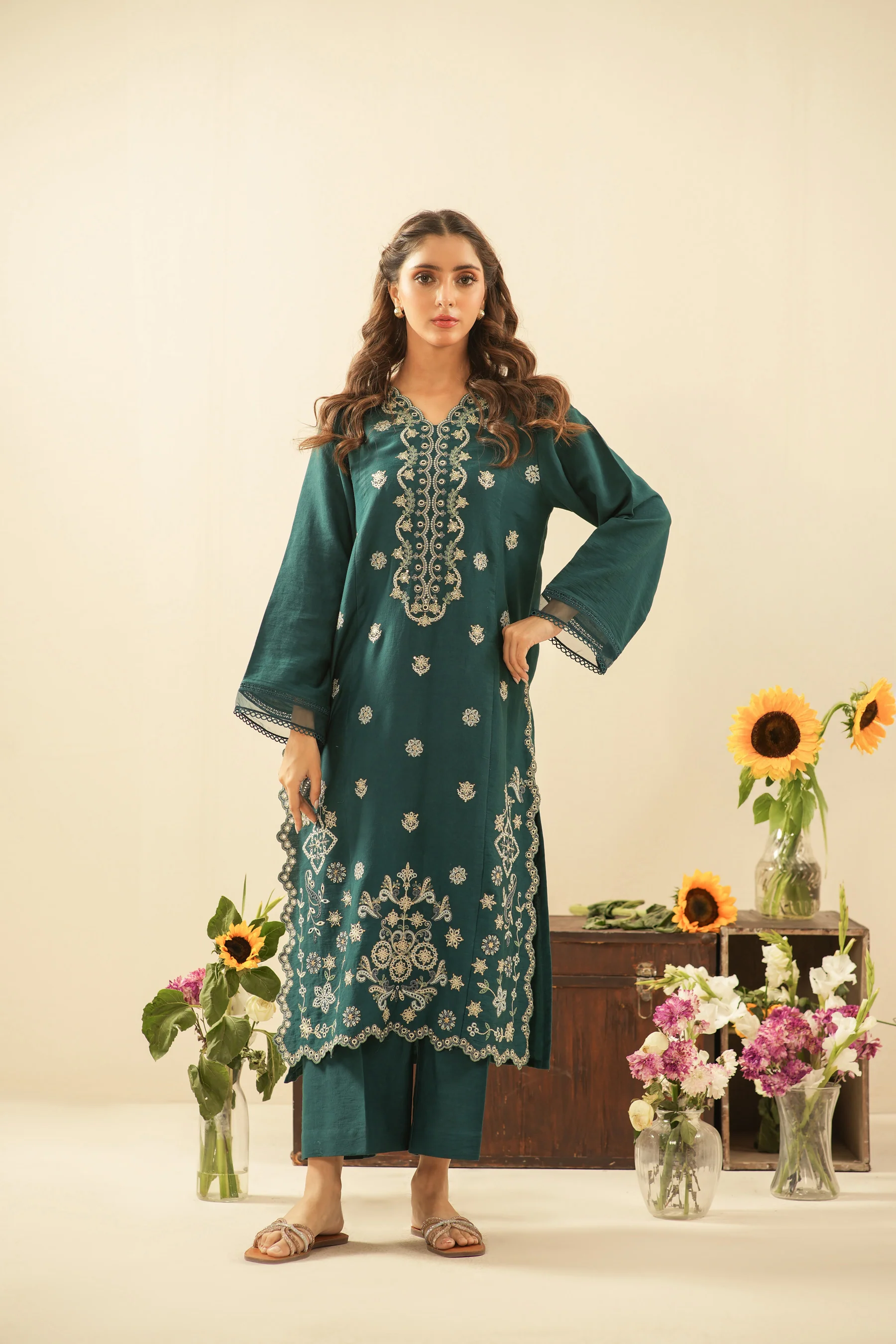 EMBROIDERED COTTON NET UNSTITCHED 3 PIECE SUIT - Image 5