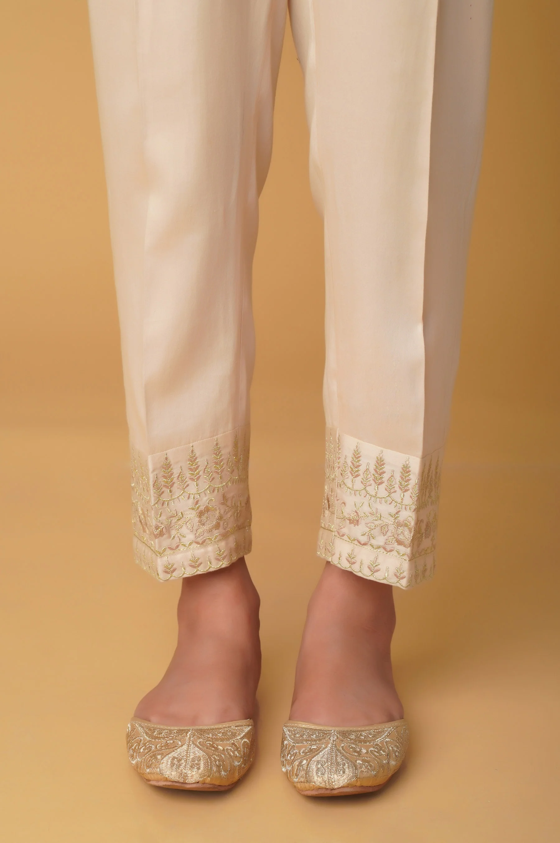 Embroidered Cotton Satin Cigarette Pants - Beige