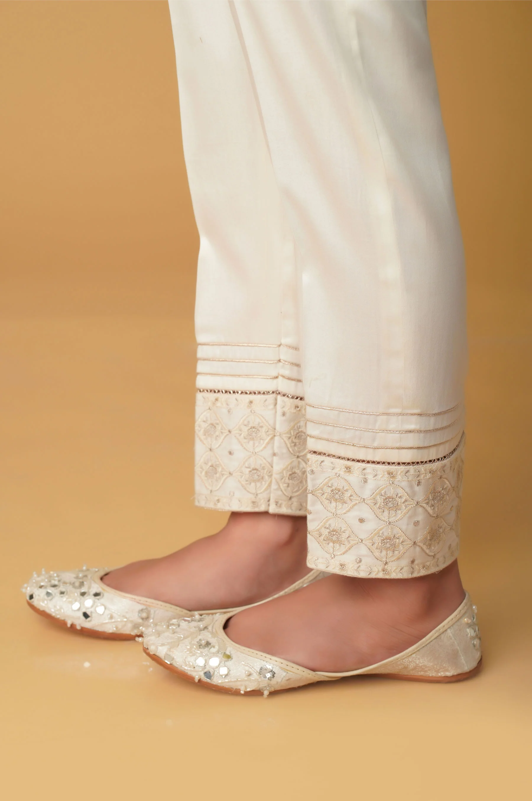 Embroidered Cotton Satin Pants - White - Image 2