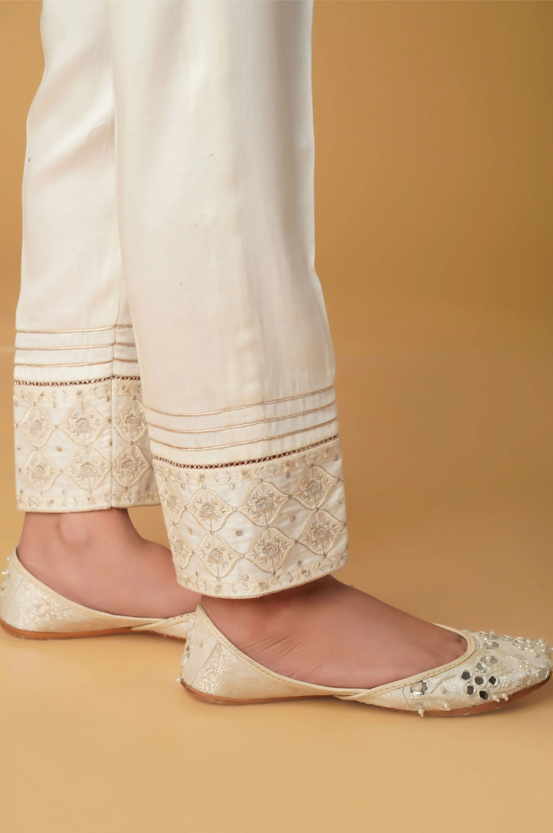 Embroidered Cotton Satin Pants - White - Image 3